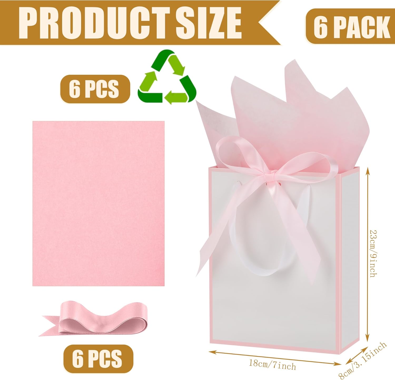 OEMVALATY 6 Pcs Thank You Gift Bags with Handles and Tissue Paper 9 x 7 x 3. 15'' Elegant Welcome Gift Bags with Bow Ribbon for Wedding Bridesmaid Baby Shower Housewarming Birthday Party(White, Pink) - Image 2