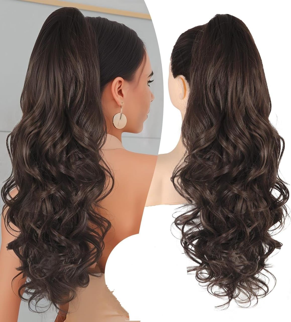 Miss Lirenn® Ponytail Extension, 18 to 20" Long Curly Wavy Claw Clip in Ponytail Hair Extensions, Jaw Clip on Pony Tails Fluffy Hairpiece for Women Daily Party Use, Brown Color (Brown)