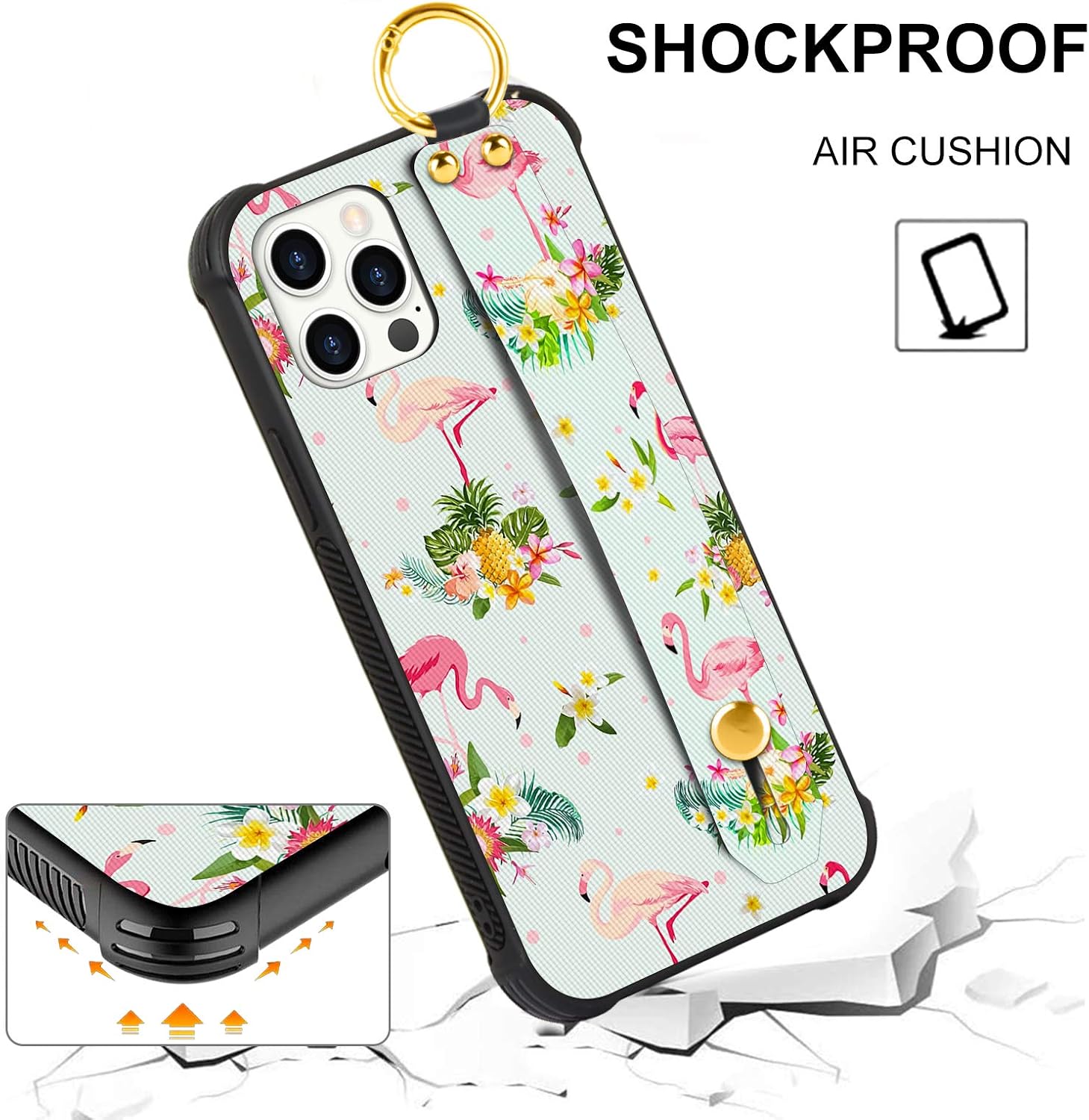 OOK Compatible with iPhone 12/12 Pro Case Flamingo Design Wrist Strap Cell Phone Cover with Lanyard Kickstand Band Protective Shockproof Stand Pineapple Pattern Bumper Case for Women Girls