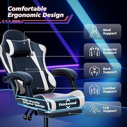 Miniatura 5 de Magshion Silla de juegos para adulto, silla ergonómica de computadora con almohada lumbar, reposacabezas y reposapiés retráctil, altura ajustable