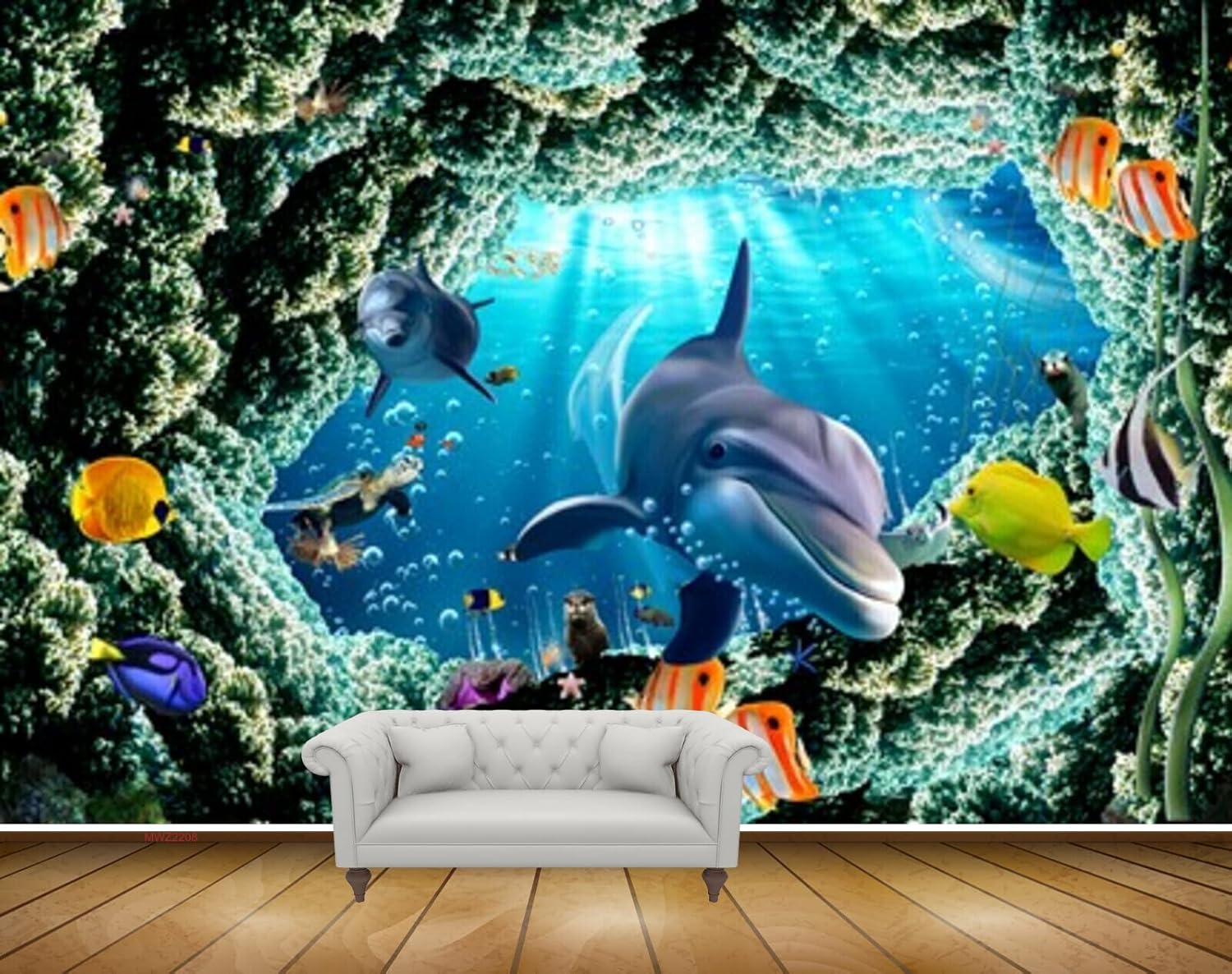 MWZ2208 Sea Fishes Dolphins Underwater Water Ocean HD 3D Wallpaper for Bedroom, Hall[19 ft x 18 ft] / [579 cm x 549 cm]