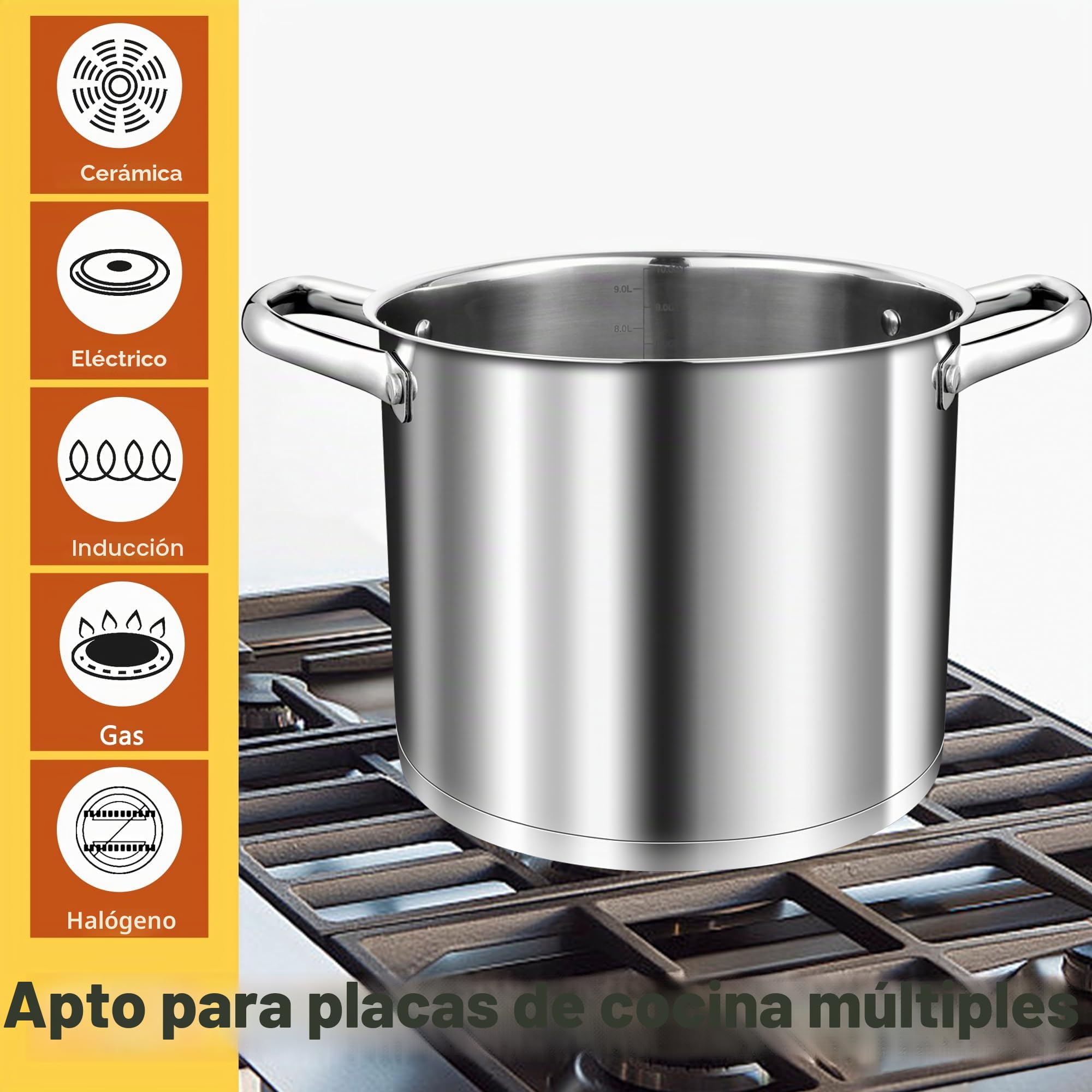 TEAMFAR olla 10L, olla grande de acero inoxidable para pasta de inducción con base de 3 capas para todo tipo de cocinas, tapa de cristal, olla sopera de 24cm olla para carne para cocinar