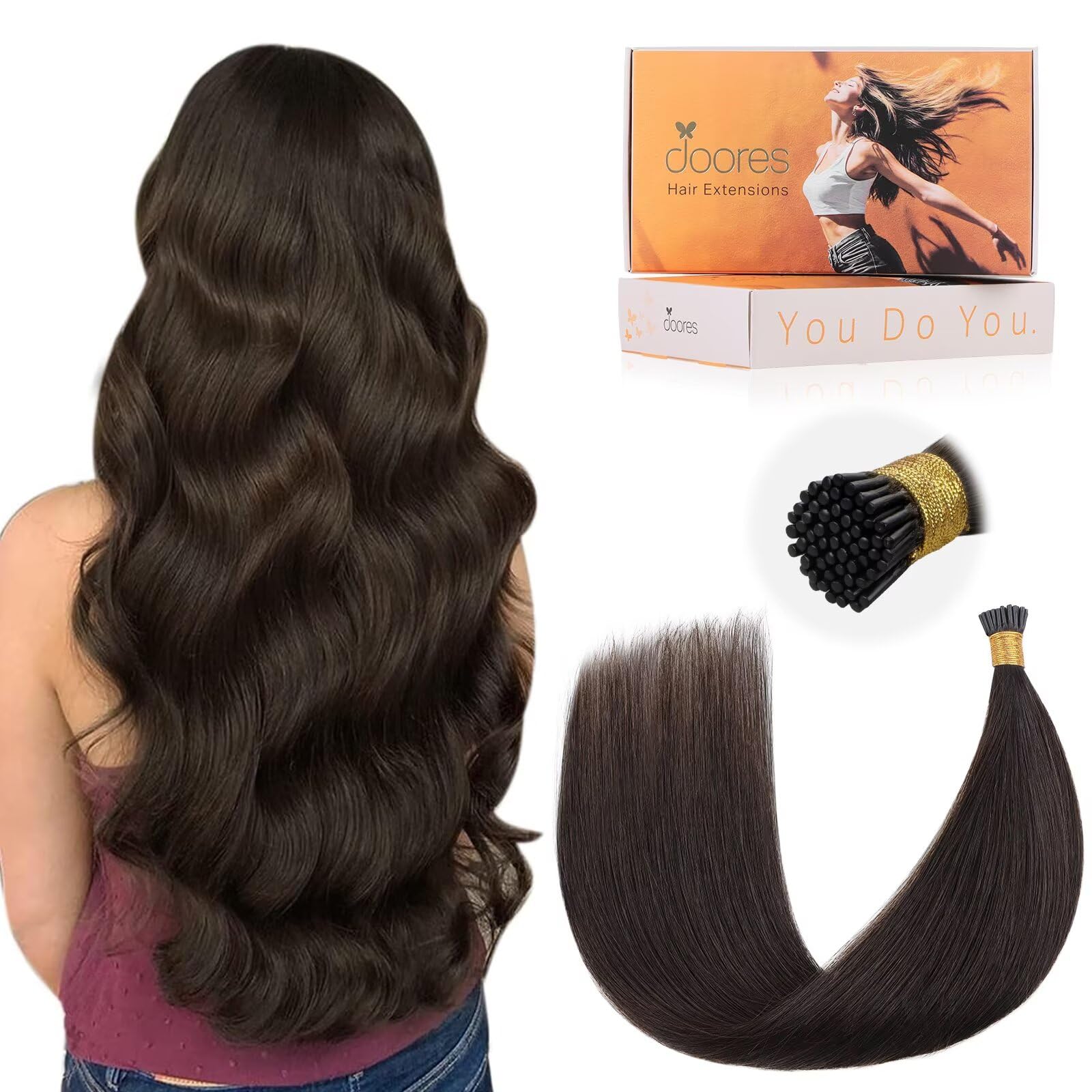 DOORES I Tips Hair Extensions - Real Human Hair, Light Dark Brown, 14 Inch, 50g/100s, ITip, Silky Straight, Cold Fusion