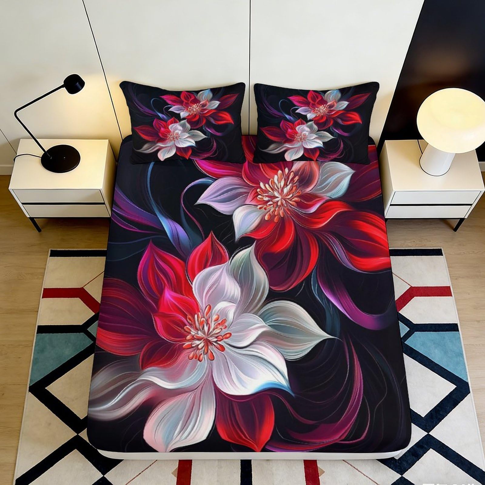 Qjzxknhpgr Style-4 3D Printed Red Floral Fitted Sheet Microfiber Soft Breathable White Blossom Mattress Cover For Bedroom Dorm Decor 90X200x25cm