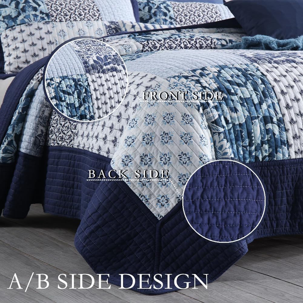 Cotton Bedspread Bedding Coverlet Quilt Sets, 3 Pieces Reversible Vintage Patchwork Floral Bedspread comforters (Blue Paisley, Queen) - Image 4