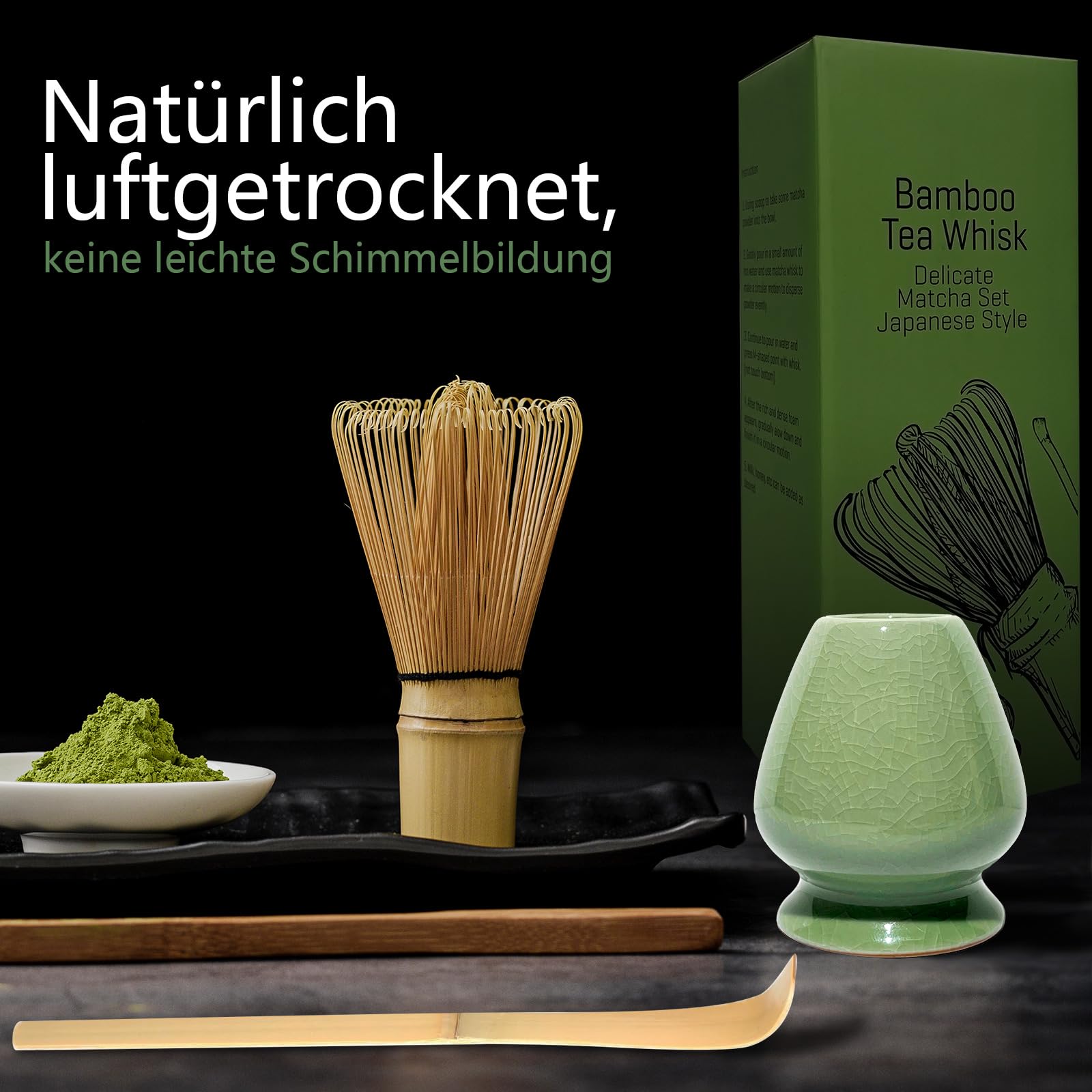 Kit Thé Matcha 4 Pièces - Bol Céramique 500ml, Fouet Bambou, Cuillère, Porte-fouet (motif Blanc), Pour Cérémonie Matcha