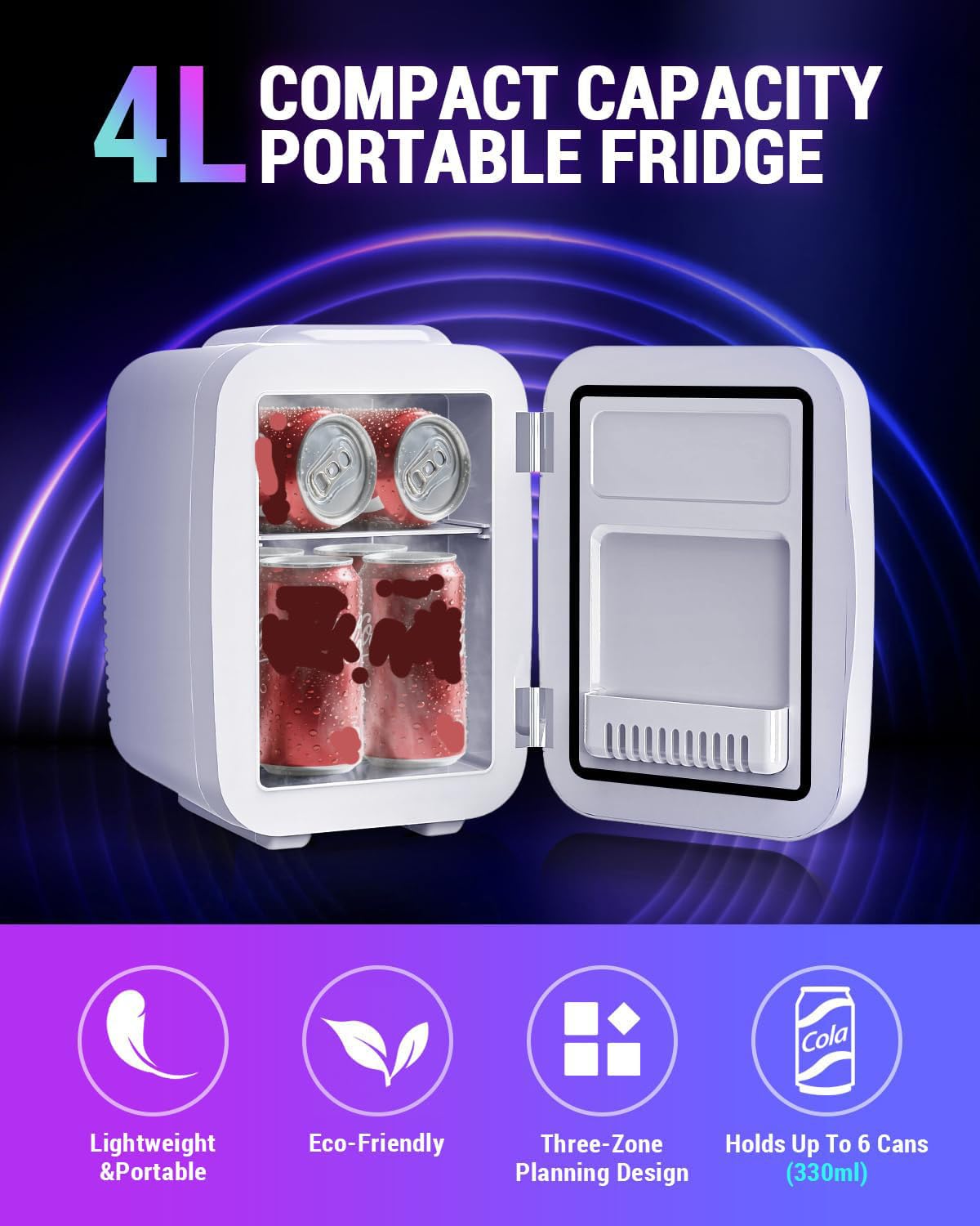 Mini frigorifero, piccolo frigorifero da 4 litri/6 lattine con luce LED dimmerabile, mini frigo portatile AC/DC, piccolo frigorifero da gioco per camera da letto, ufficio, sala giochi e auto (bianco)