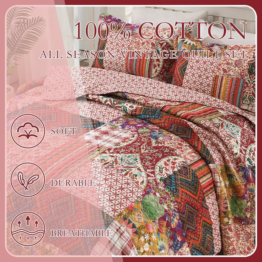 Cotton Bedspread Bedding Coverlet Quilt Sets, 3 Pieces Reversible Vintage Patchwork Floral Bedspread comforters (Red Paisley Patchwork, Queen) - Image 2