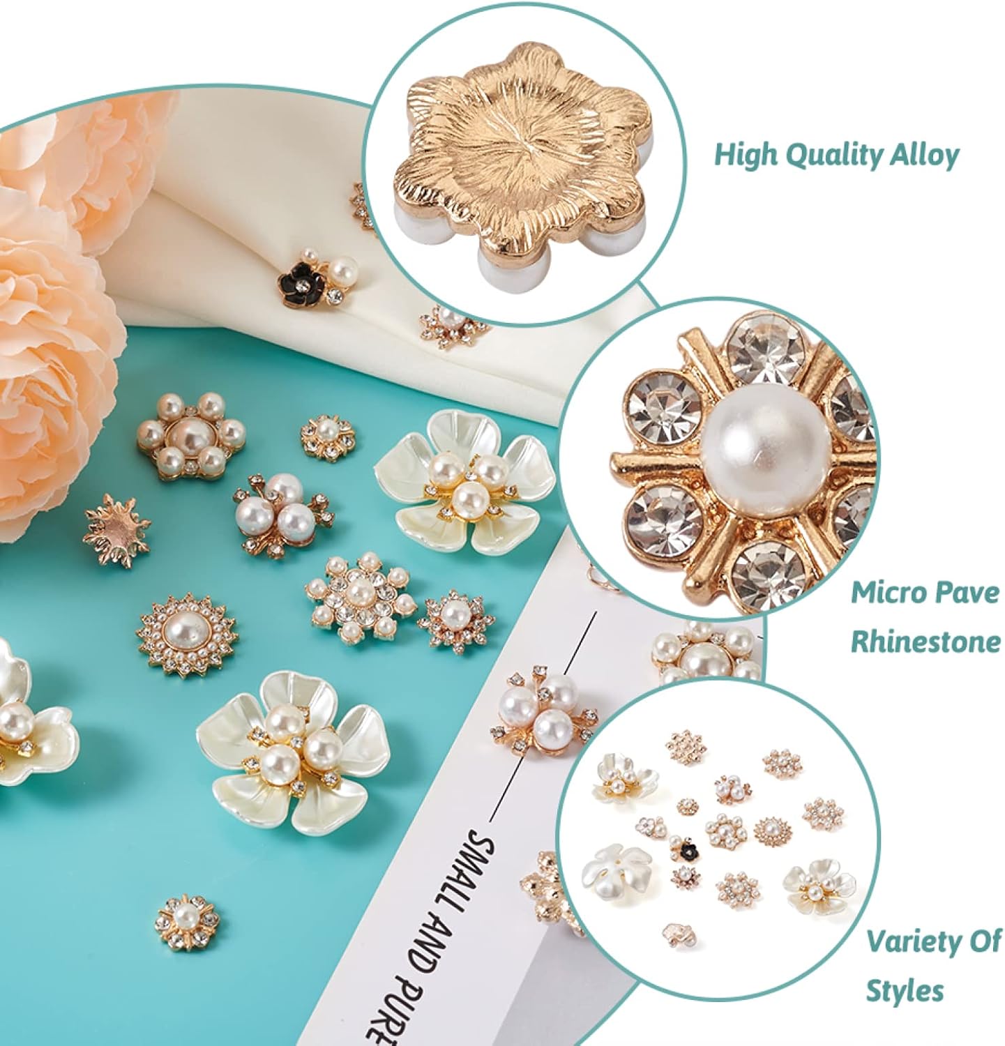 Cheriswelry 40Pcs Rhinestone Pearl Embellishments Flower Cabochons Alloy Flatback Crystal Cabochons 10 Styles 11.5-23.5mm for DIY Hair Clip Brooch Jewelry Making Crafts