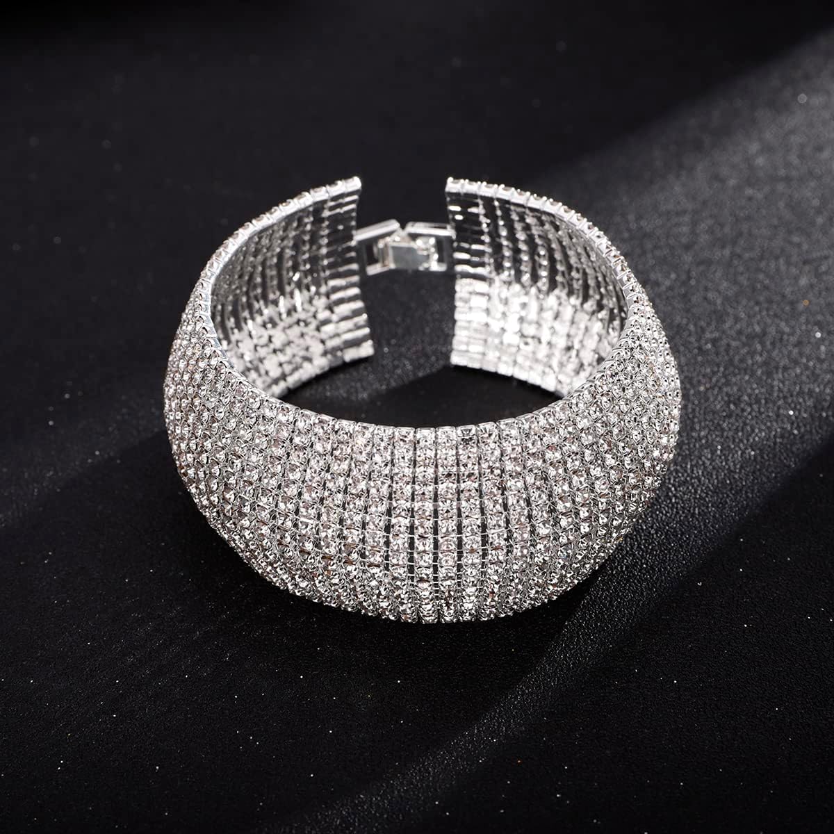 Xerling Full Rhinestones Bracelets Silver and Gold Crystal Cluster Wide Bangle Bracelets for Women Multi-layered Tennis Chain Bracelets (Type A Silver)