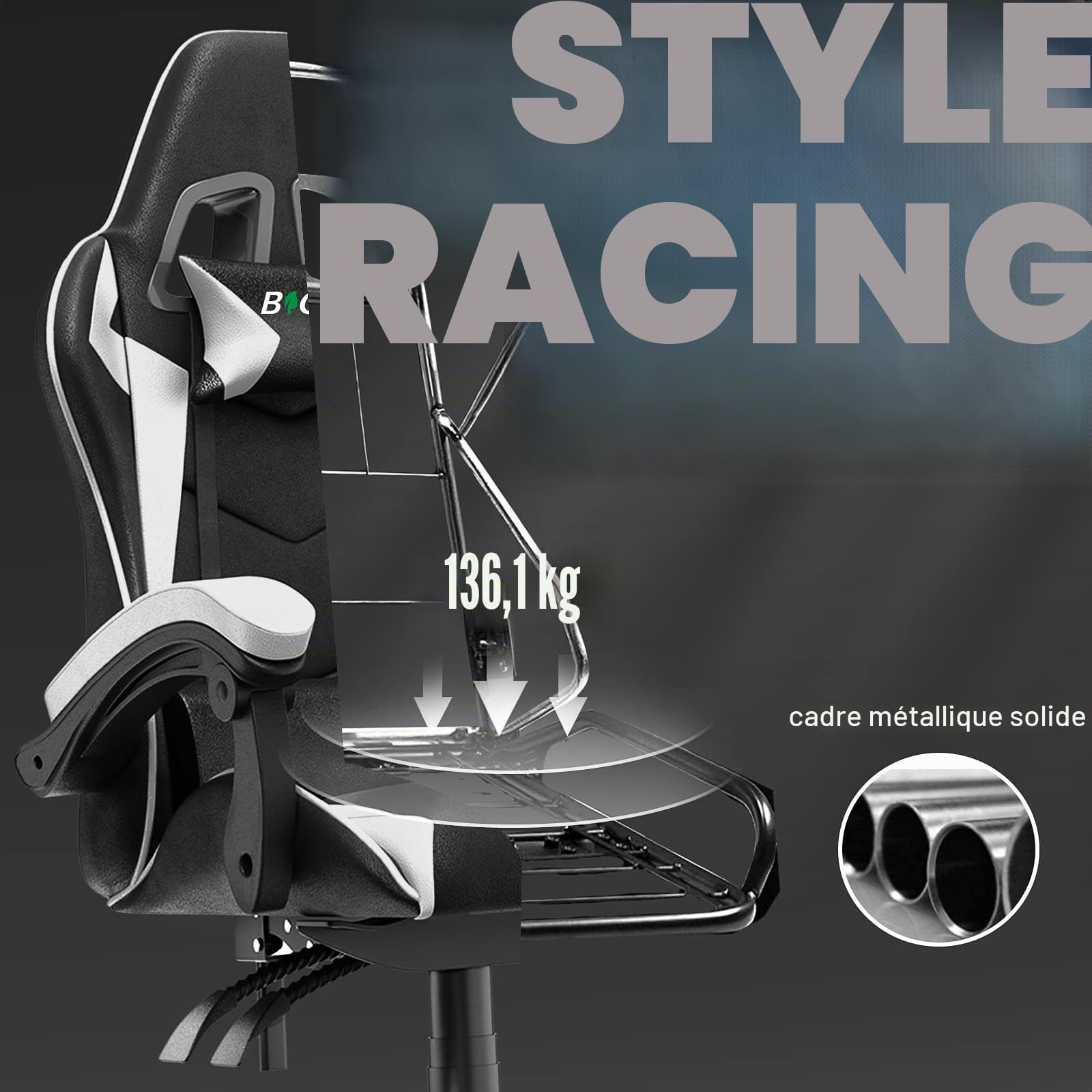 bigzzia Chaise Gaming,Ergonomique PU Cuir Chaise Bureau,Hauteur Réglable,avec Lombaire&Appui-Tête Appui,Dossier Inclinable à 155°,Fauteuil Gaming Adultes Enfants (Blanc)