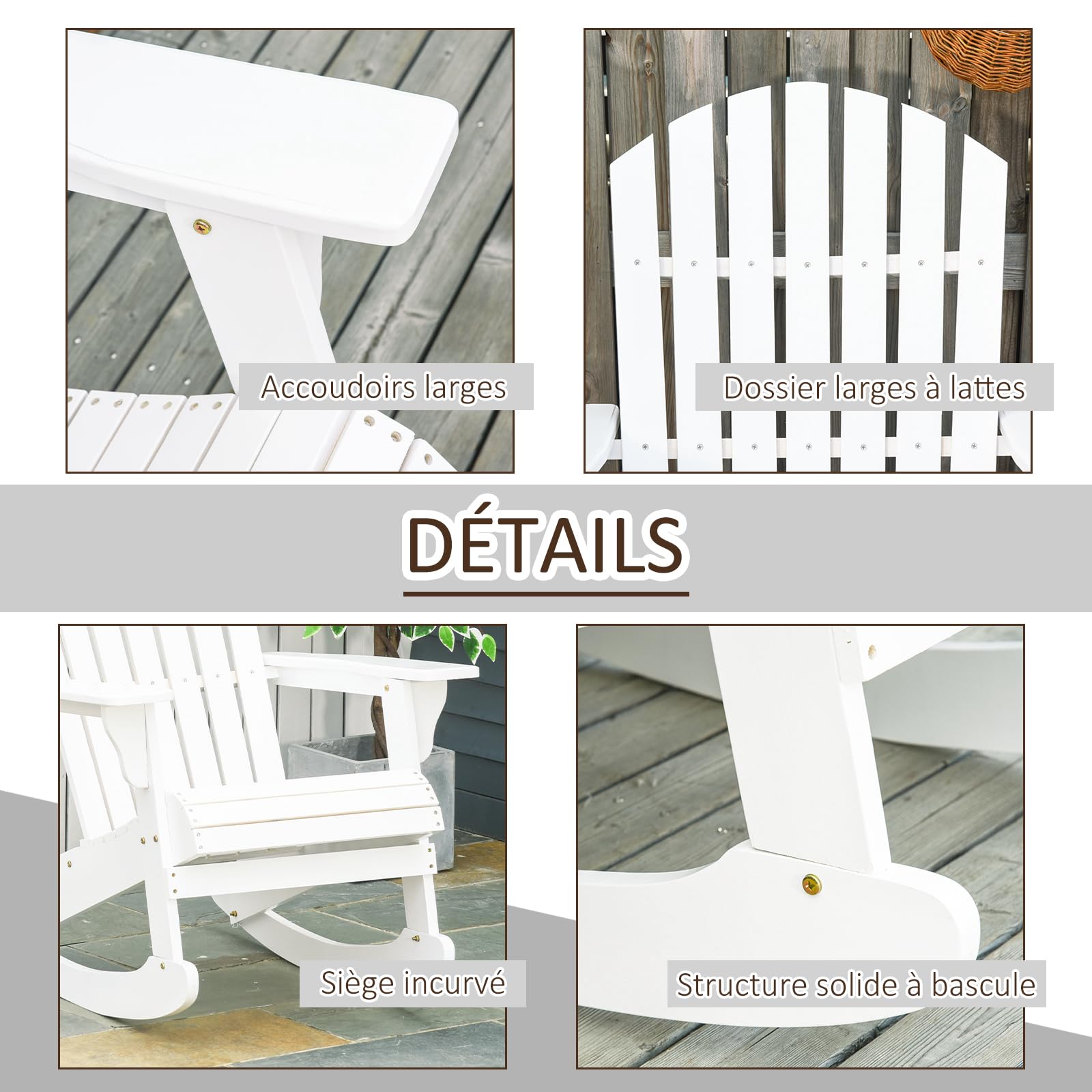 Outsunny Fauteuil de Jardin Adirondack à Bascule Rocking Chair Assise Dossier Ergonomique Style néo-rétro en Bois Massif traité Peint Blanc