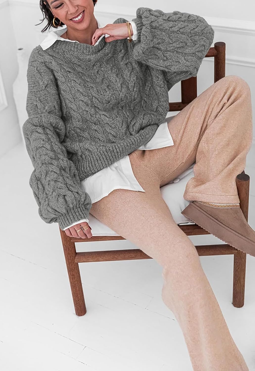 PRETTYGARDEN Womens Sweaters Spring 2026 Cable Knit Long Sleeve Crewneck Oversized Sweater Chunky Pullover Loose Outfits - Image 6