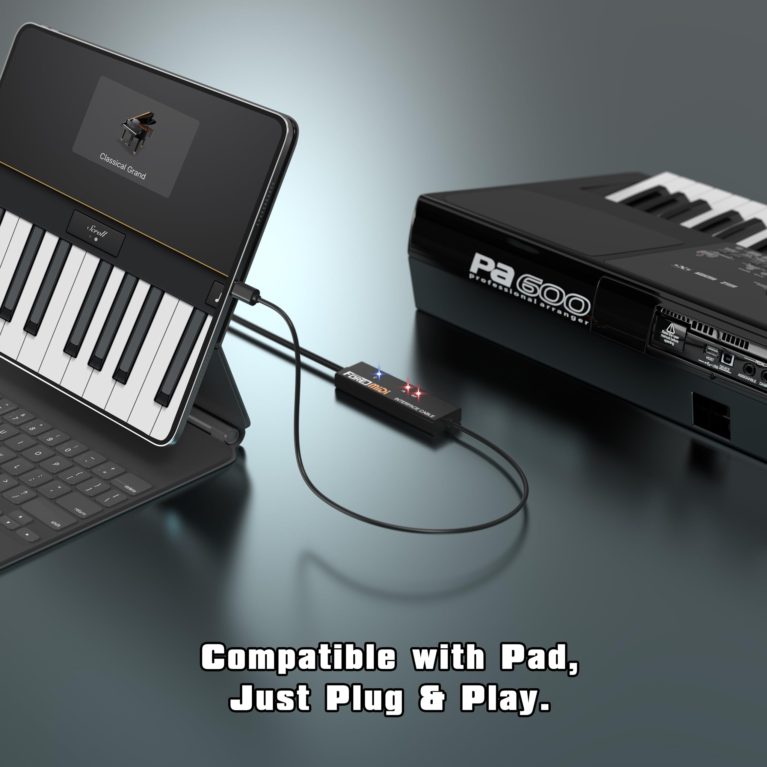 FORE Interfaz MIDI a USB compatible con cable MIDI USB tipo C con entrada y salida, funciona con teclado MIDI/sintetizador/MIDI Deivce compatible con iOS y Android, Windows/Mac OS negro y naranja, 6.5