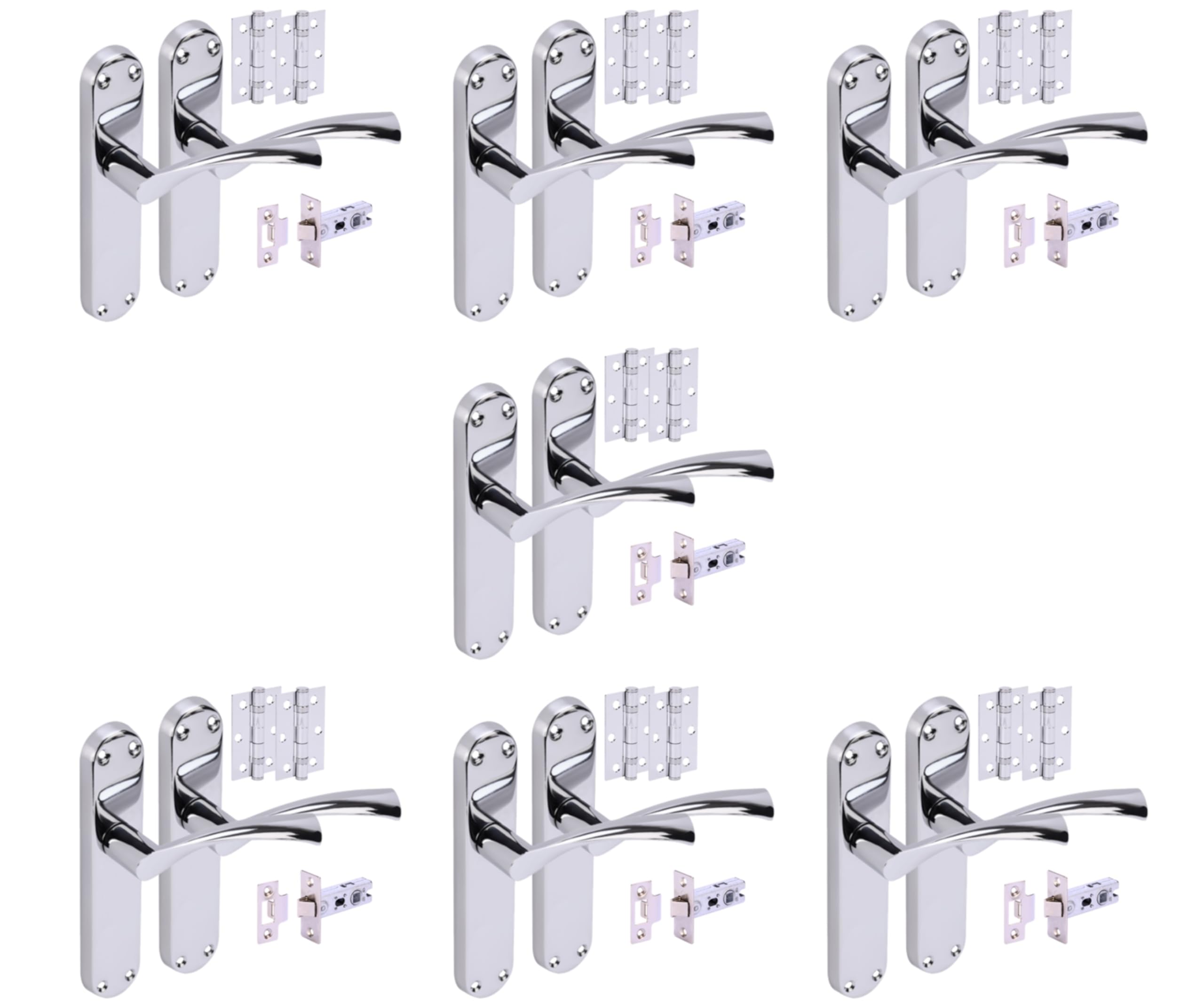 Hunta Polished Chrome Handlezone® 7 Sets Lobo Internal Door Handles On Backplate Lever Latch Packs With Ball Bearing Hinges