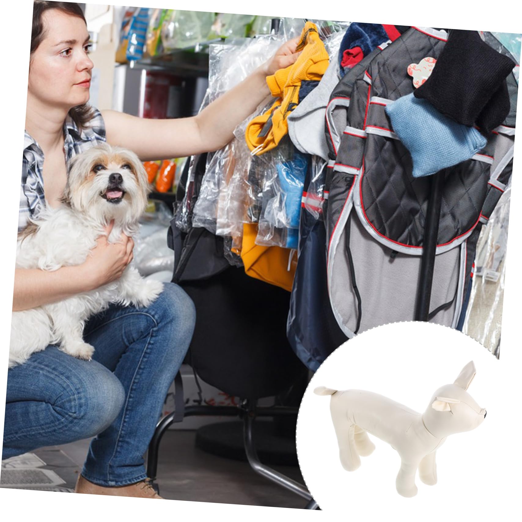 MAGICLULU Sitzende Hunde in Größe S Schaufensterpuppe aus Weißem Leder zur Präsentation von Hundebekleidung und Hundezubehör im Tiergeschäft