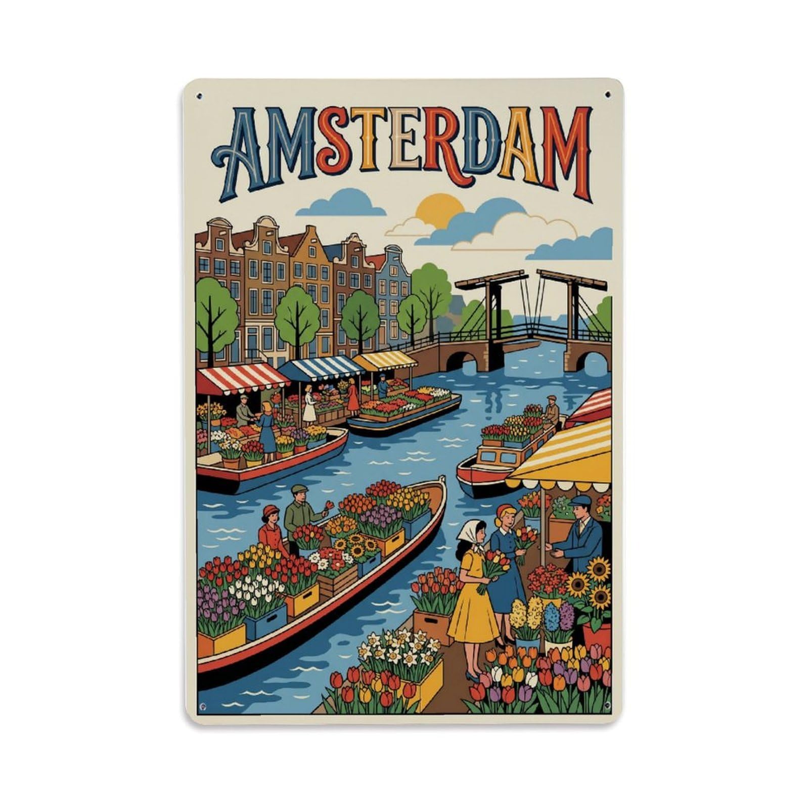 Vintage Travel Market Netherlands Shopping Metal Tin Sign Plaque Wall Decor for Cafe, Club Bar, Office, Home Garden Metal Poster 8x12Inch