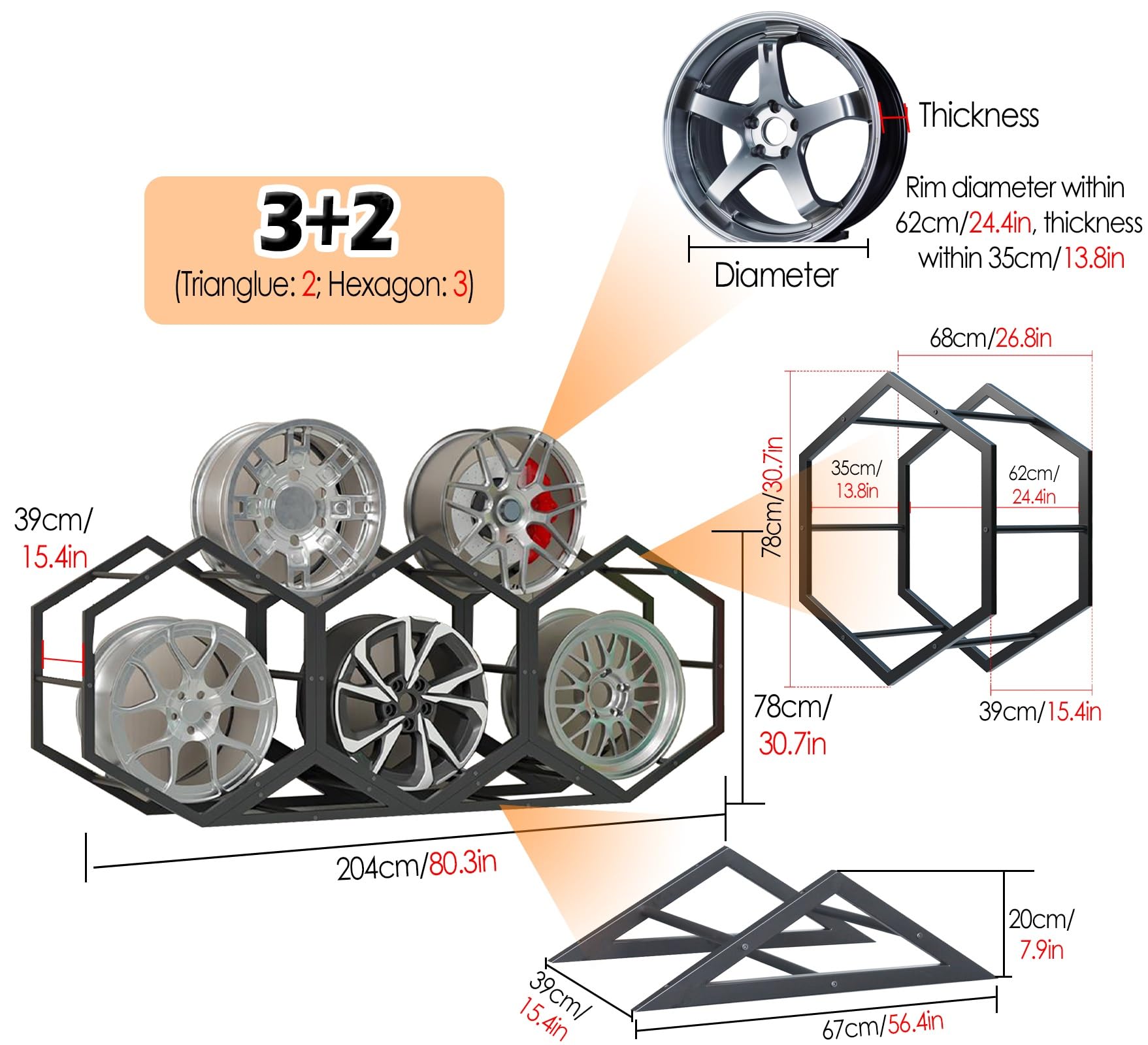 Estante de exhibición de neumáticos para garaje, taller de reparación de automóviles, organizador hexagonal de pie con base triangular, 3+2