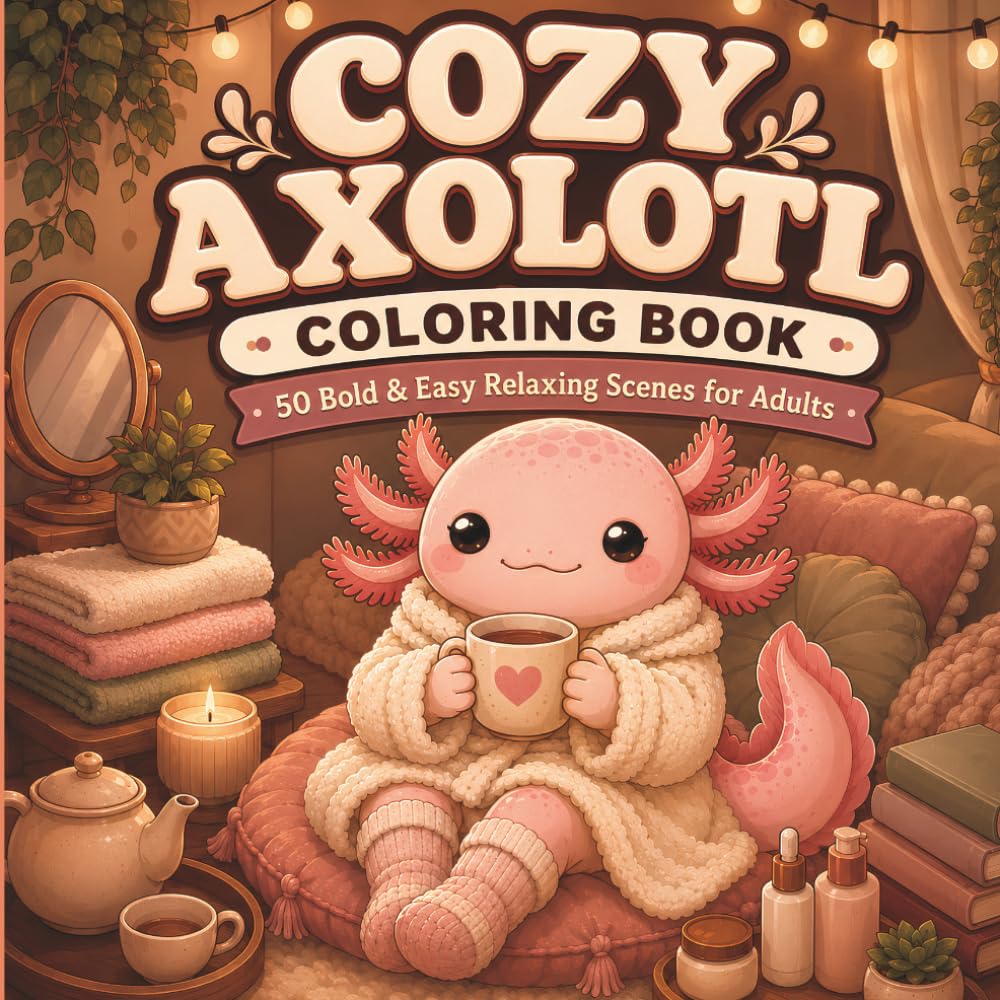 Cute Axolotl Coloring Book For Adults: 50 Bold and Easy Relaxing Scenes Featuring Adorable Axolotls, Cozy Hobbies, and Comforting Everyday Moments