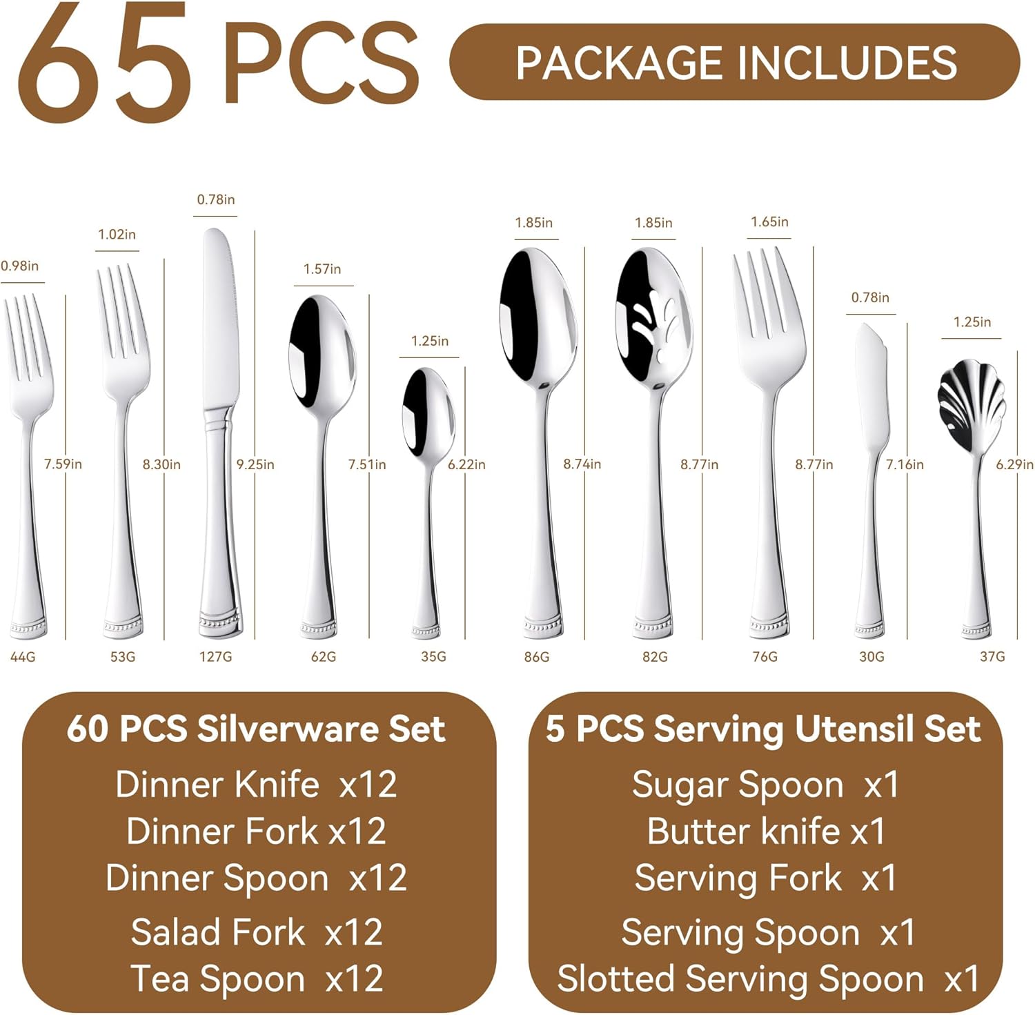 18/10 Stainless Steel Flatware Set for 12, 65-Piece Weighted Silverware Set with Serving Utensils Set, Modern Silverware Knives Forks Spoons, Ideal for Home Wedding Party
