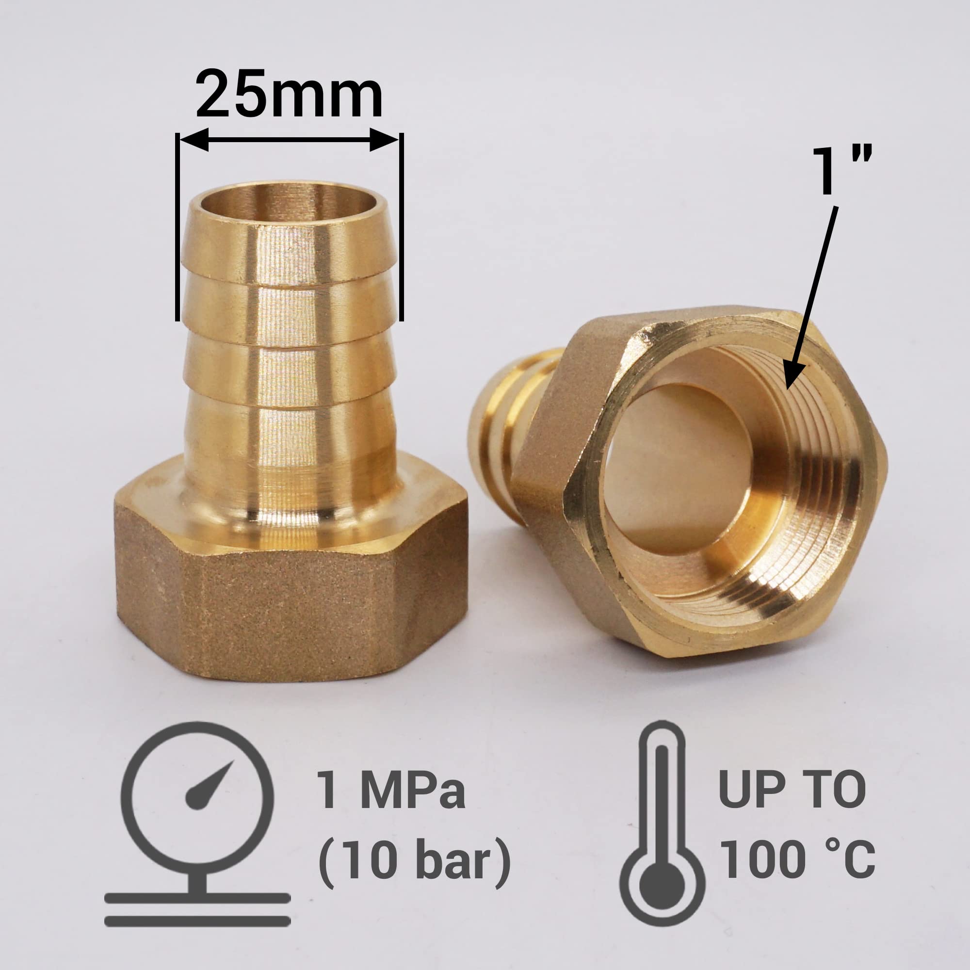 SKIR'CO (2 pz) femmina filettato in ottone raccordo 1" x 25 mm, adattatore tubo spinato, connettore coda tubo, filettatura BSP