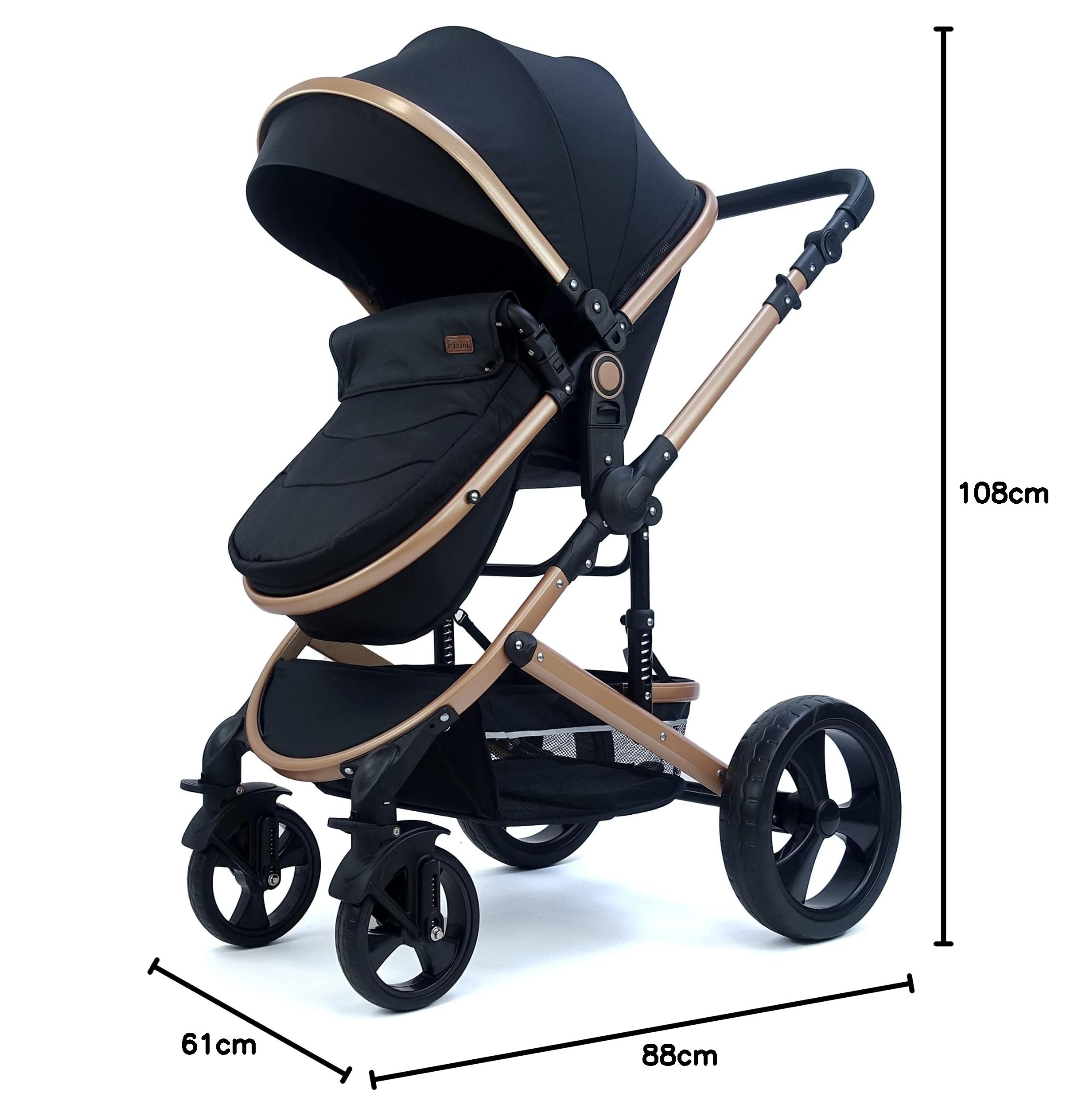 Silla de paseo Pixini Kalani 3 en 1, Trío, Niño, Silla de coche, Accesorios (oro/oxford negro)