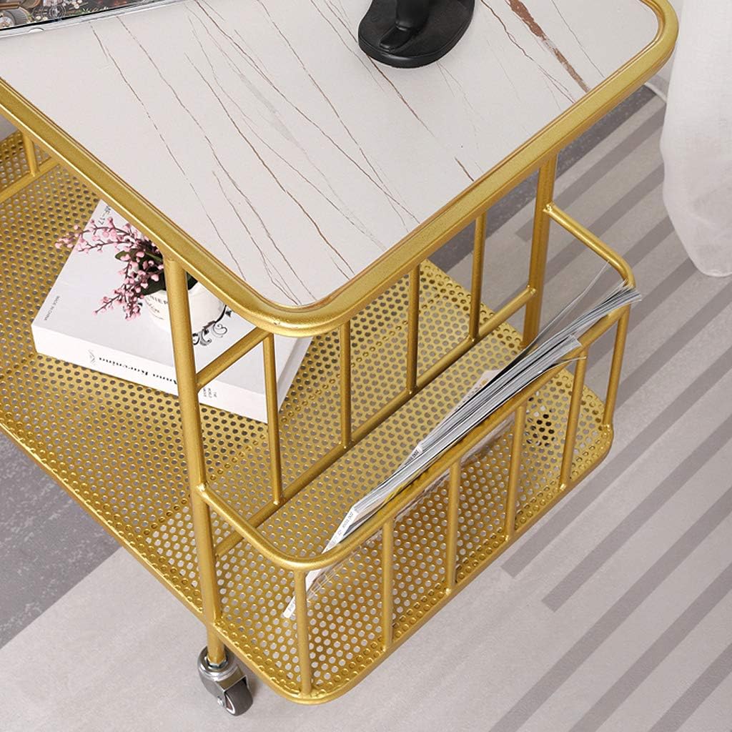 Side Table/End Table,Side Table, Sintered Stone Desktop Metal Frame, Rectangle Coffee Table with Storage Basket- with Wheels