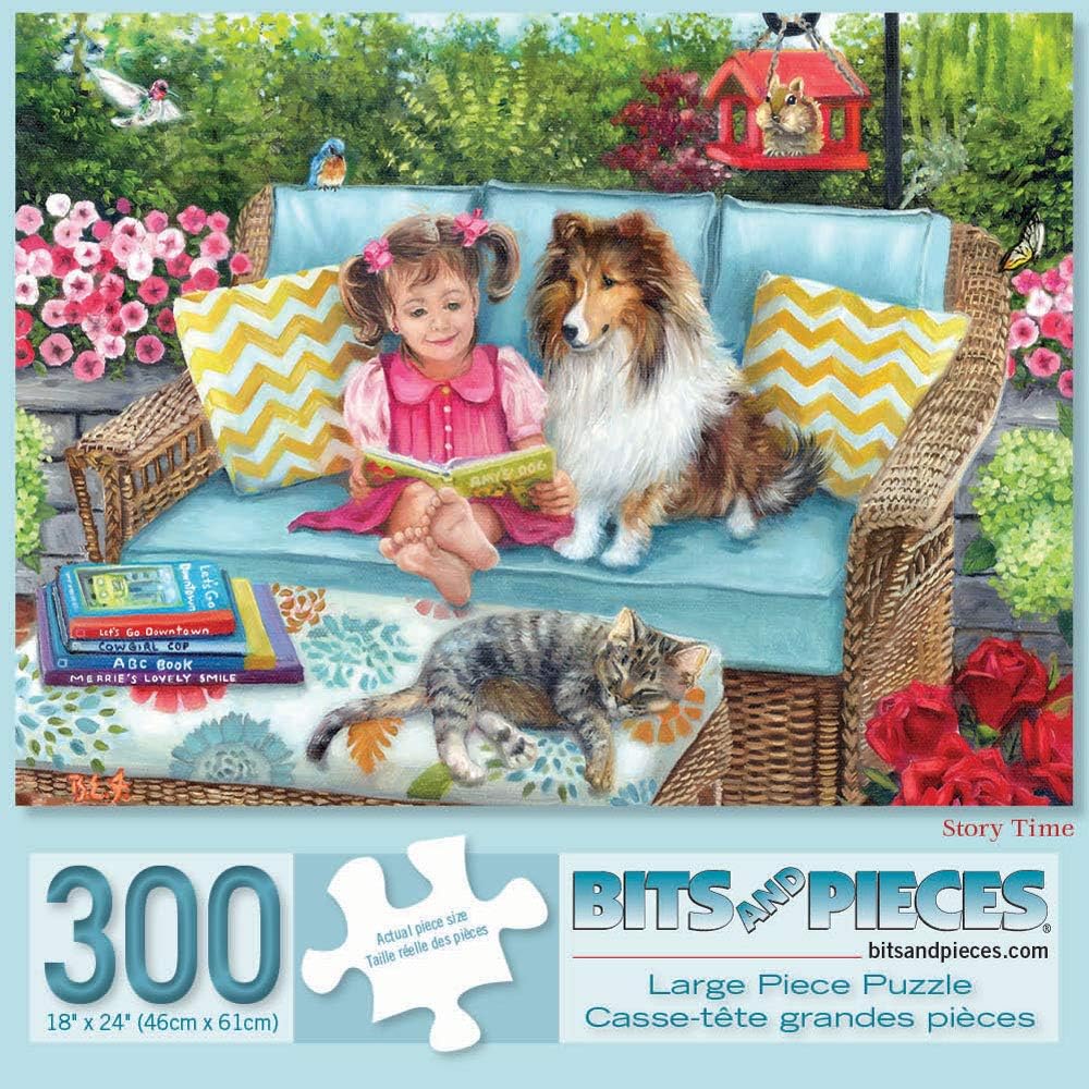 300 Piece Jigsaw Puzzle for Adults – Story Time - Dog and Cat on The Patio Wicker Furniture Girl Book Jigsaw Puzzle by Artist Brooke Faulder, Completed Puzzle Size: 18" x 24"