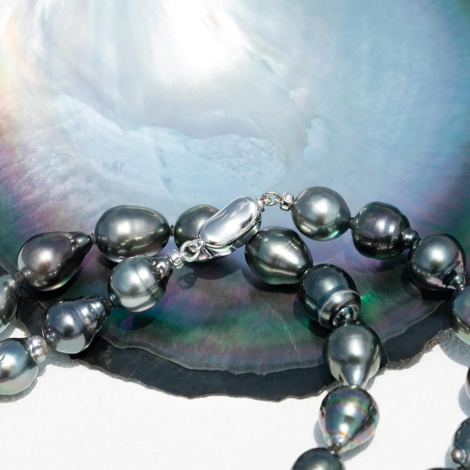 10-11MM Tahitian Black Baroque Pearl Necklace, AAA Quality Handpicked Pear Shape Tahitian Baroque Pearls, 18 White Gold Plated Sterling Silver Clasp, 18-20 Inch in Length