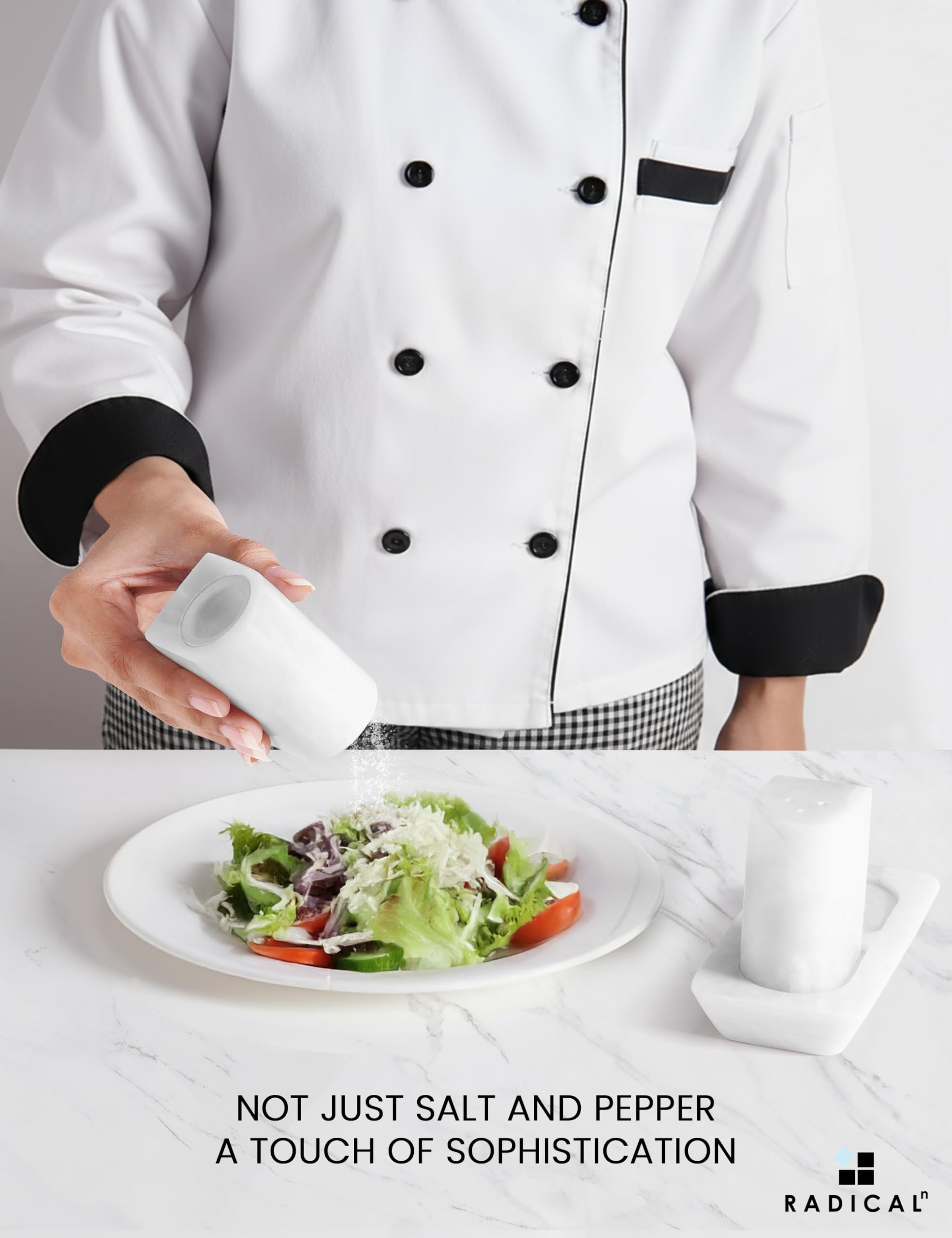 Radicaln Set di sale e pepe in marmo bianco da 6,3 cm, realizzato a mano, set di spezie Saleros per bancone della cucina, porta sale rosa, decorazione per la tavola della cucina della fattoria