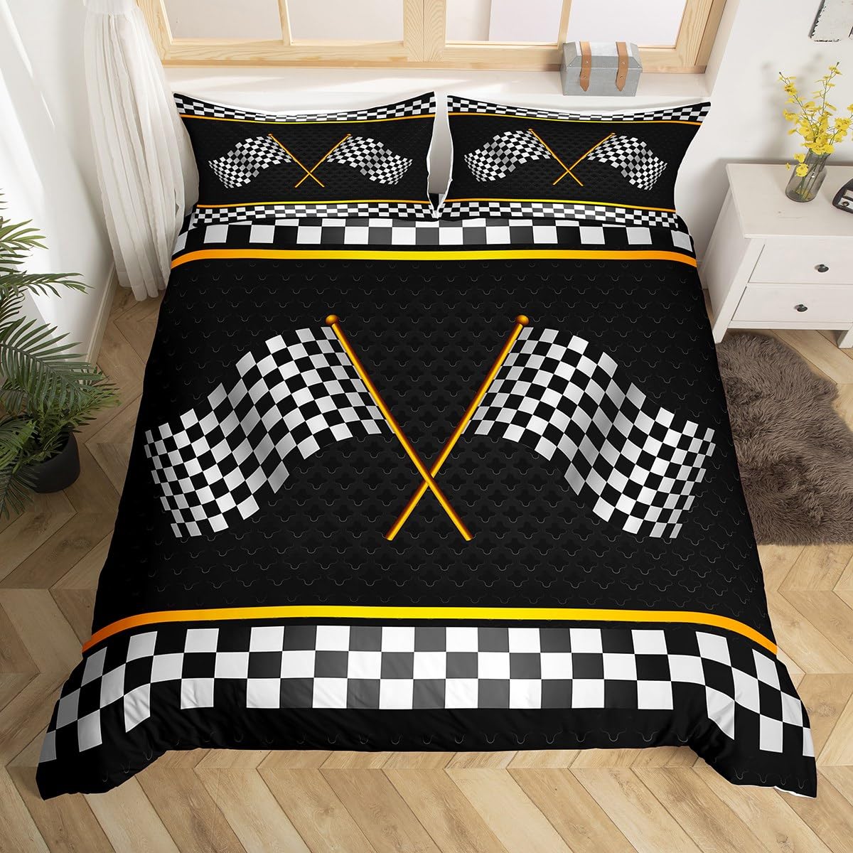 Black White Checkered Flag Duvet Cover Racing Competition Bedding Set Extreme Sports Yellow Comforter Cover(No Filler) for Boys Girls Kids Room Decor Bedding Set Single Size with 1 Pillowcase