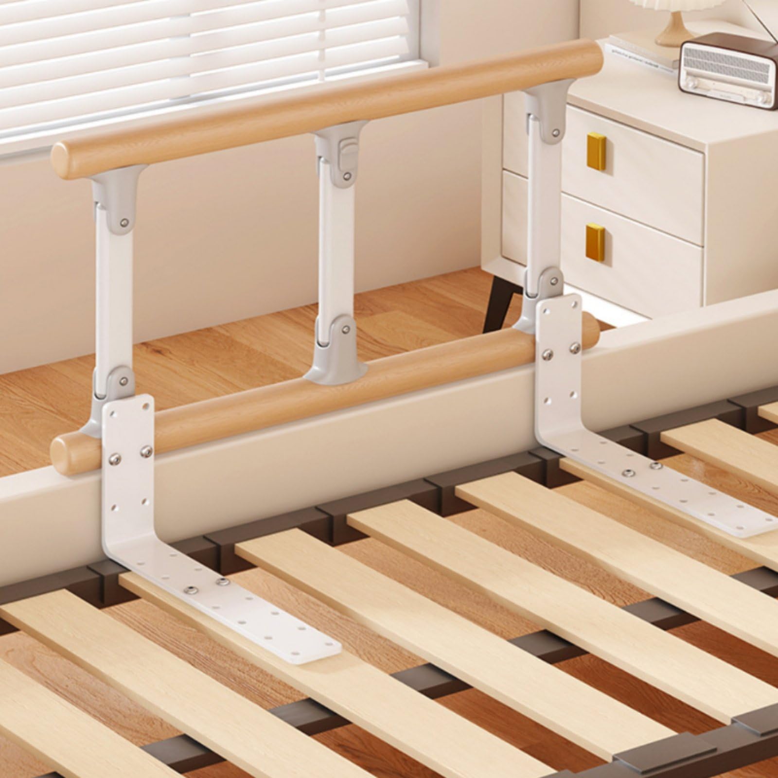 Protector Lateral Plegable sin Instalación Barandal Ajustable Agarre Firme para Ancianos, Pacientes, Barandilla De Cama De Madera Maciza De Tres Postes