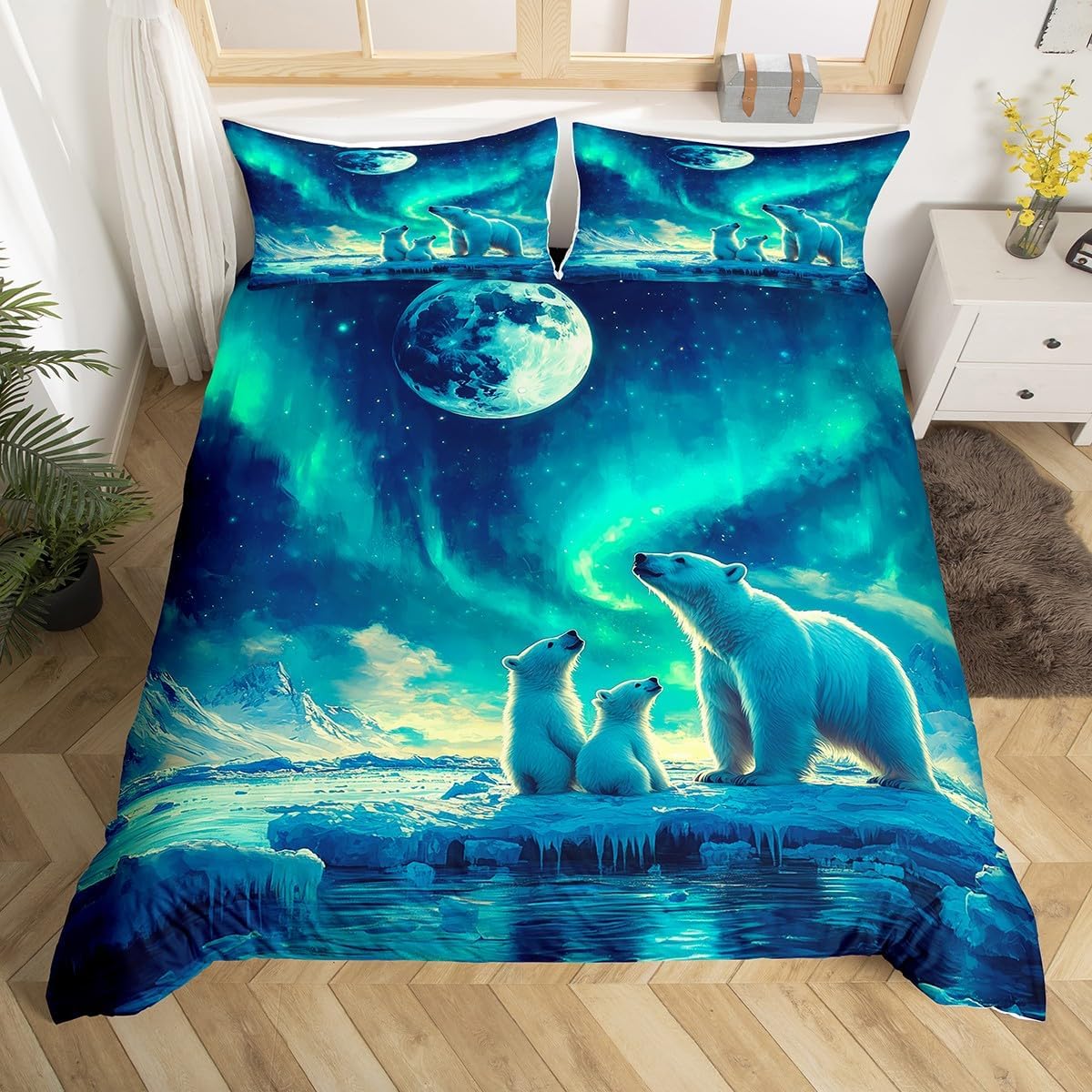 Aurora Duvet Cover Toddler Size,Polar Bear Arctic Animals Comforter Cover with 1 Pillowcase,Dreamy Galaxy Sky Bedding Set 2pcs for Kids Bedroom Decor,Mystery Moon Sky Quilt Cover,Not Comforter
