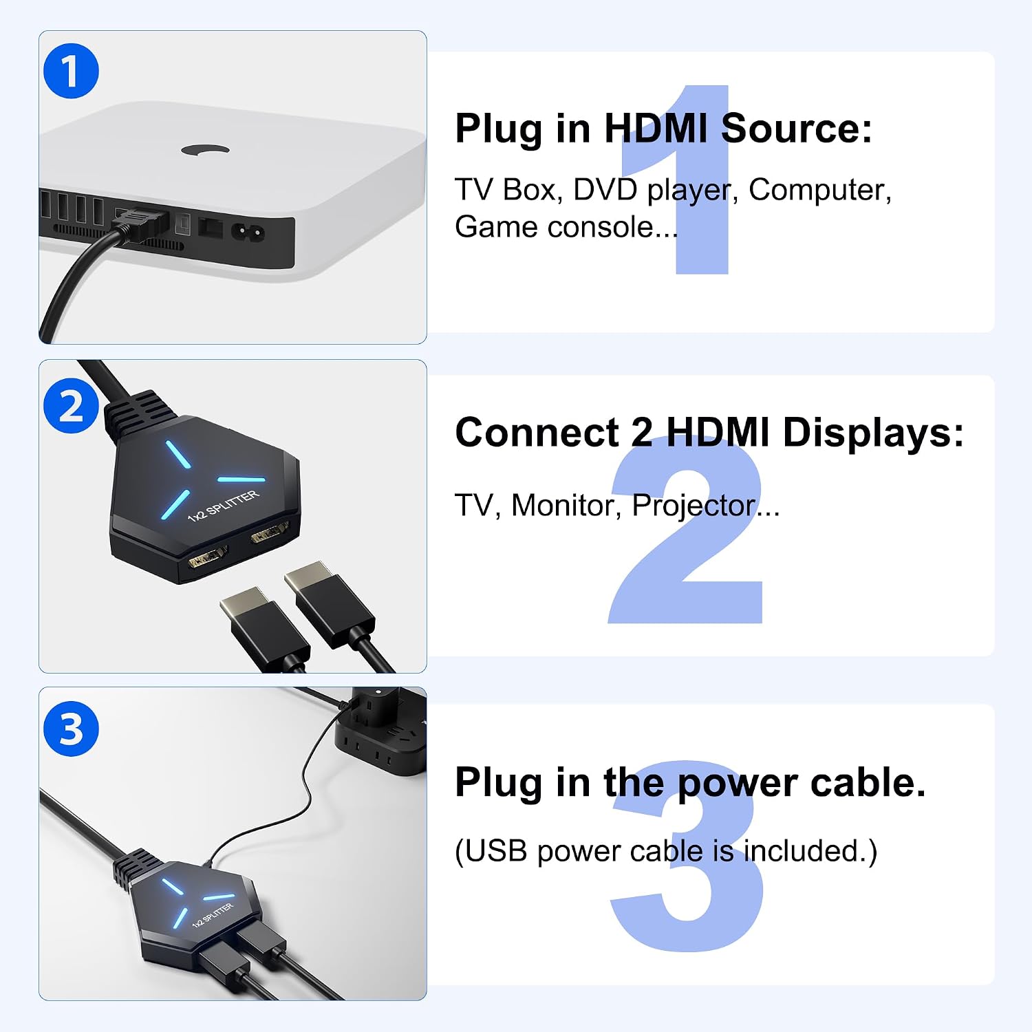 HDMI Splitter for Dual Monitors Duplicate/Mirror (Not Extend), 4K HDMI Splitter 1 in 2 Out for Full HD 4K@30hz, 1080P, 3D, Compatible with Xbox, PS4, PS5, TV, Projector, Computer