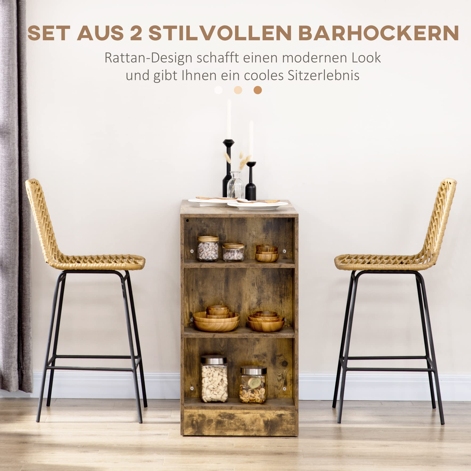HOMCOM Barhocker 2er Set, Barstuhl mit Gestell aus Kunstrattan, Rückenlehne, Küchenstühle mit integrierter Fußstütze, Tresenhocker für Küche, Wohnzimmer, Esszimmer, Boho-Stil, Gelb