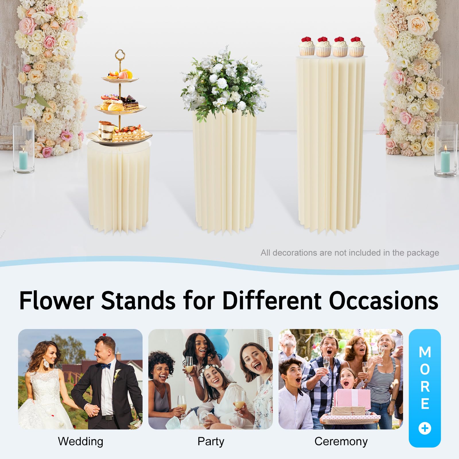 3pcs Faltbare Karton Centerpiece Display, Zylinder Blumenständer Säulen Set, Hochzeit Deko Honeycomb, 30/60/80cm, Wiederverwendbar, Garten Party, Milchweiß, Leicht Aufzubauen