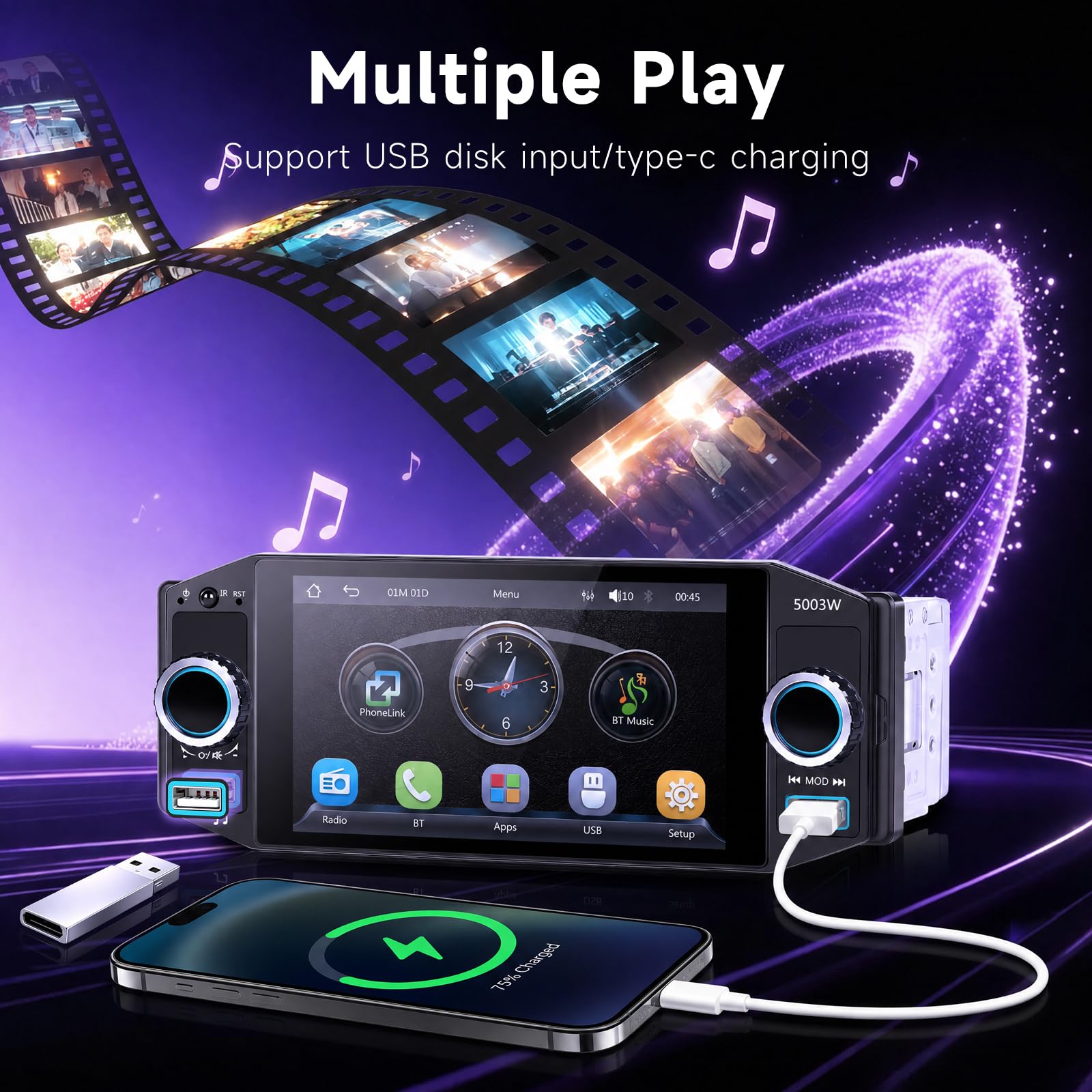 Hodozzy Radio samochodowe 1 DIN z ekranem, bezprzewodowe odtwarzanie kart Android Auto i AirPlay, 5-calowy ekran dotykowy, AM/FM/RDS radio z Bluetooth, odtwarzacz MP5 1 DIN z EQ, Type-C/USB/AUX/SWC