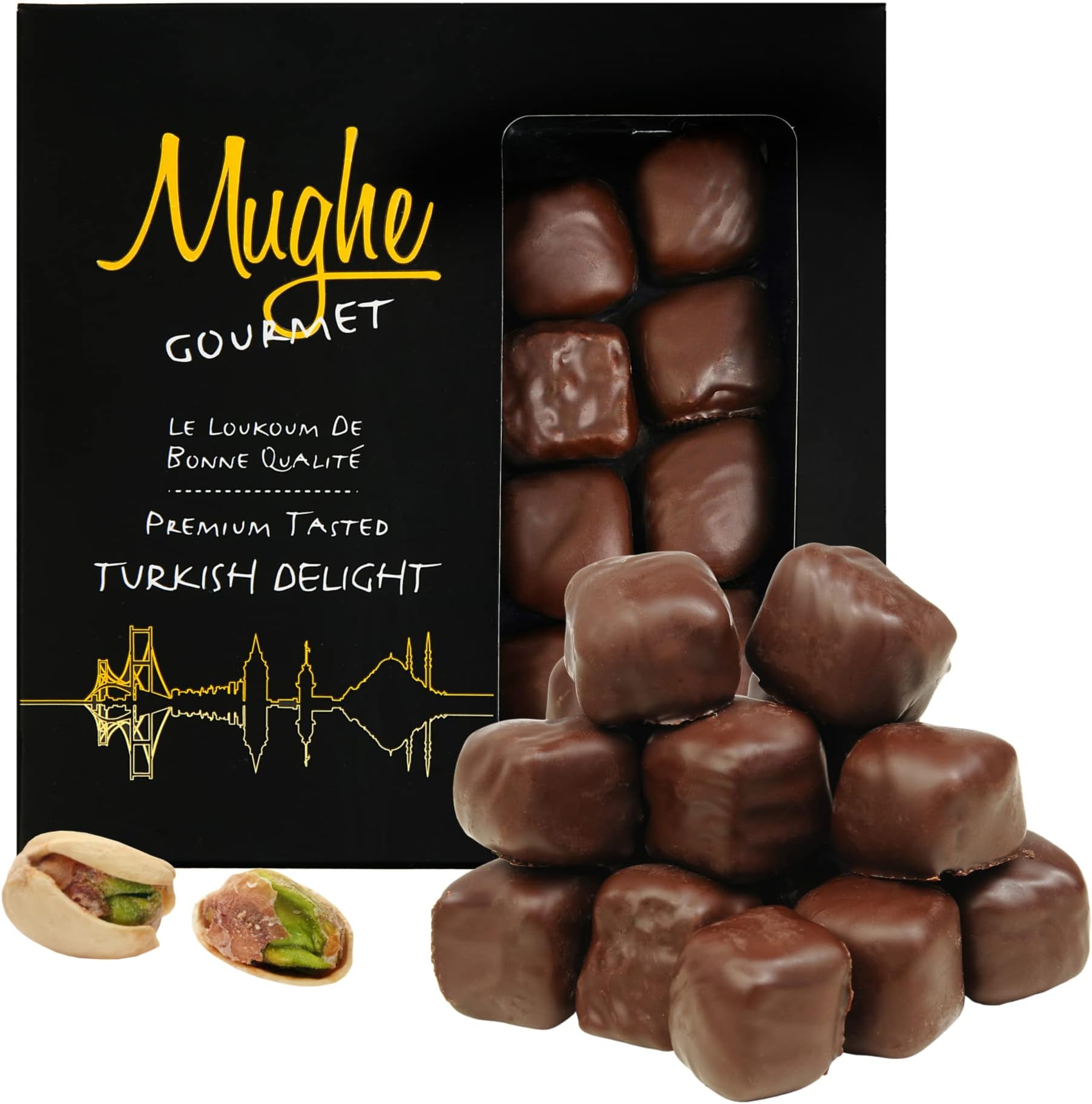 Mughe Gourmet Chocolate Turkish Delight Pistachio Gift Box - Luxury Candy Gifts Turkish Delights Covered in Chocolate with Pistachios - 300g/10.6oz - Perfect for Birthday, Fathers Day and more
