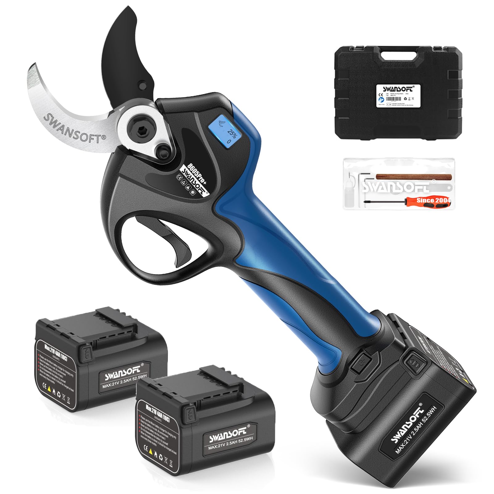 SWANSOFT 8605PRO Forbici Potatura a Batteria Professionali 40mm, 3×21V 2,5Ah 1050W Forbice Elettrica per Potatura con Schermo LCD per Giardino, Vigneti e Frutteti