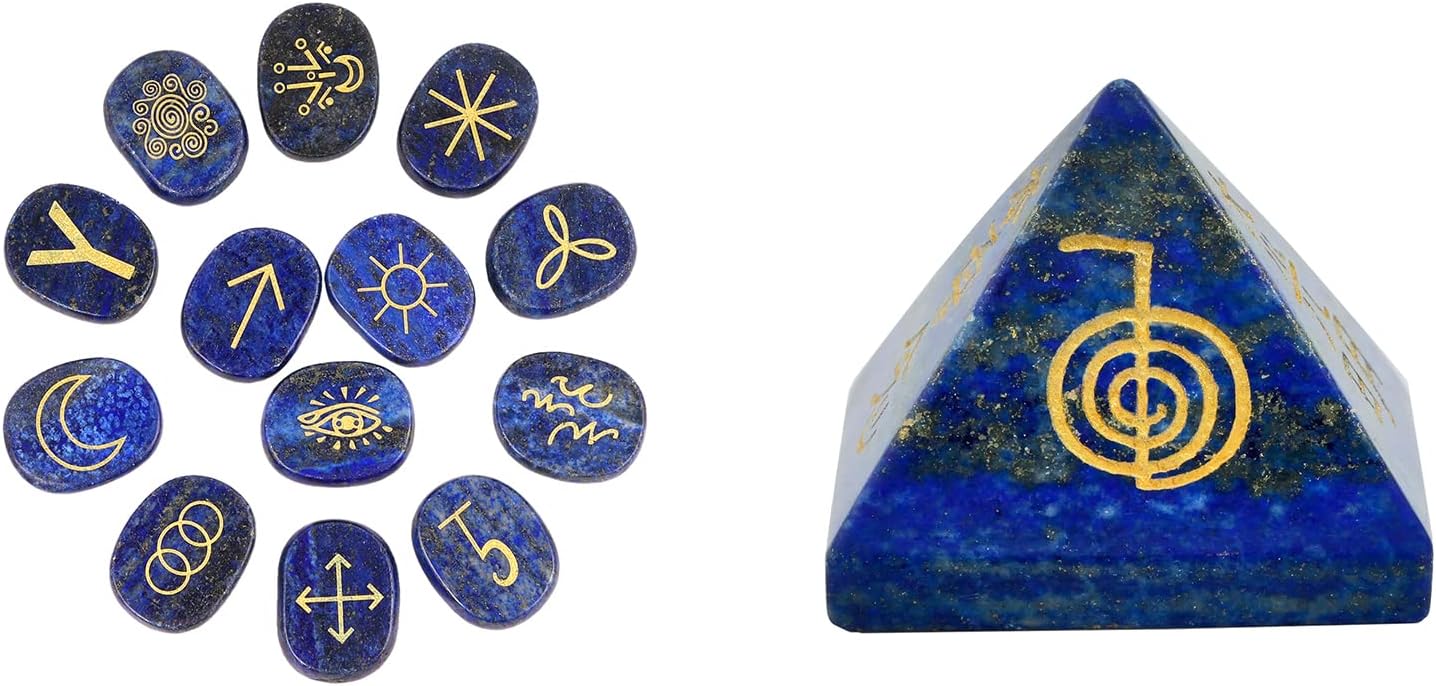 mookaitedecor Bundle - 2 Items: Lapis Lazuli Witches Runes Set of 13 & Lapis Lazuli Crystal Pyramid Stone with Engraved Chakra Symbol for Feng Shui Meditation Decor