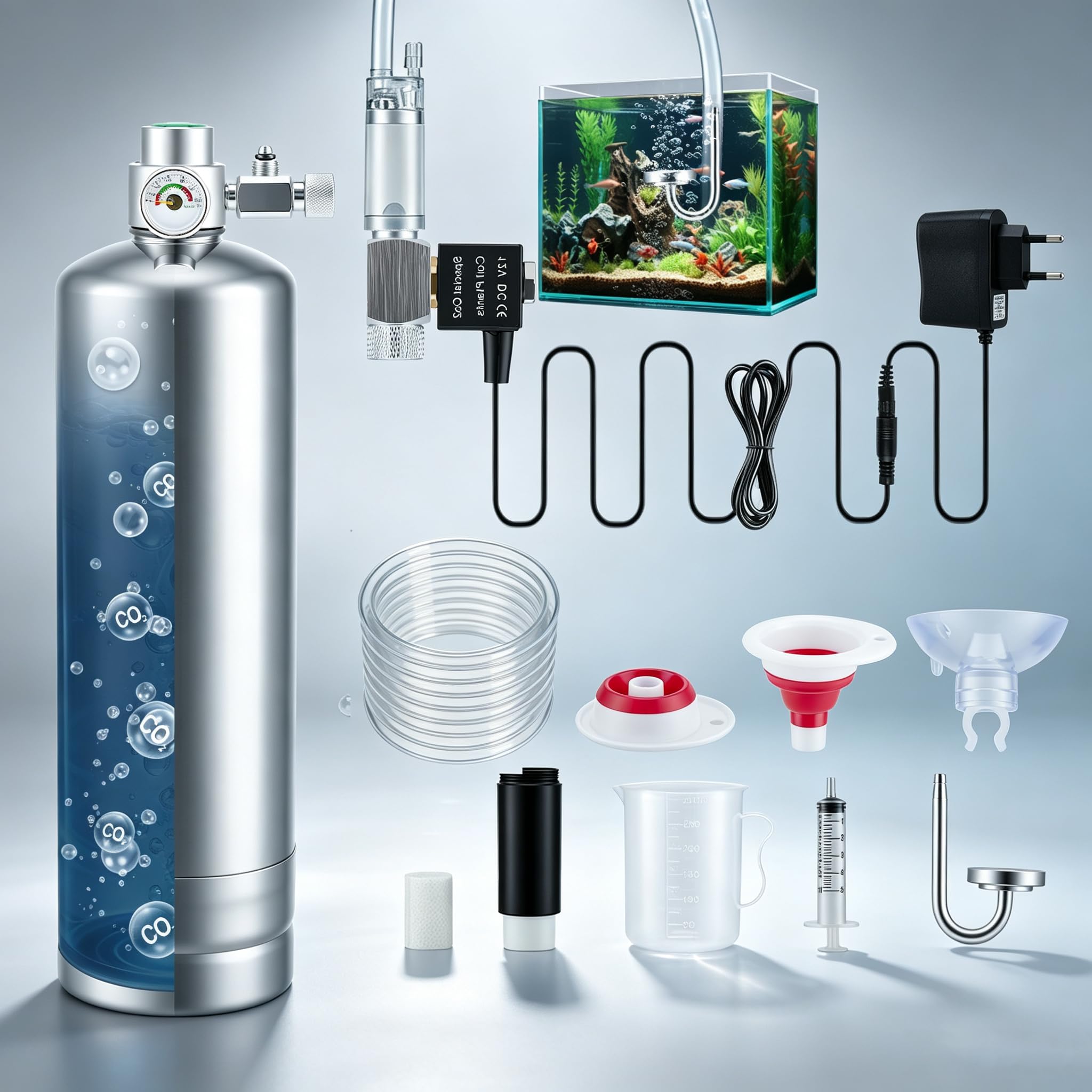 Impianto di CO2 da 2 l, set completo per acquario, generatore di CO2 in acciaio inox con bombola di CO2, kit reattore di anidride carbonica con elettrovalvola, diffusore, contatore di bolle