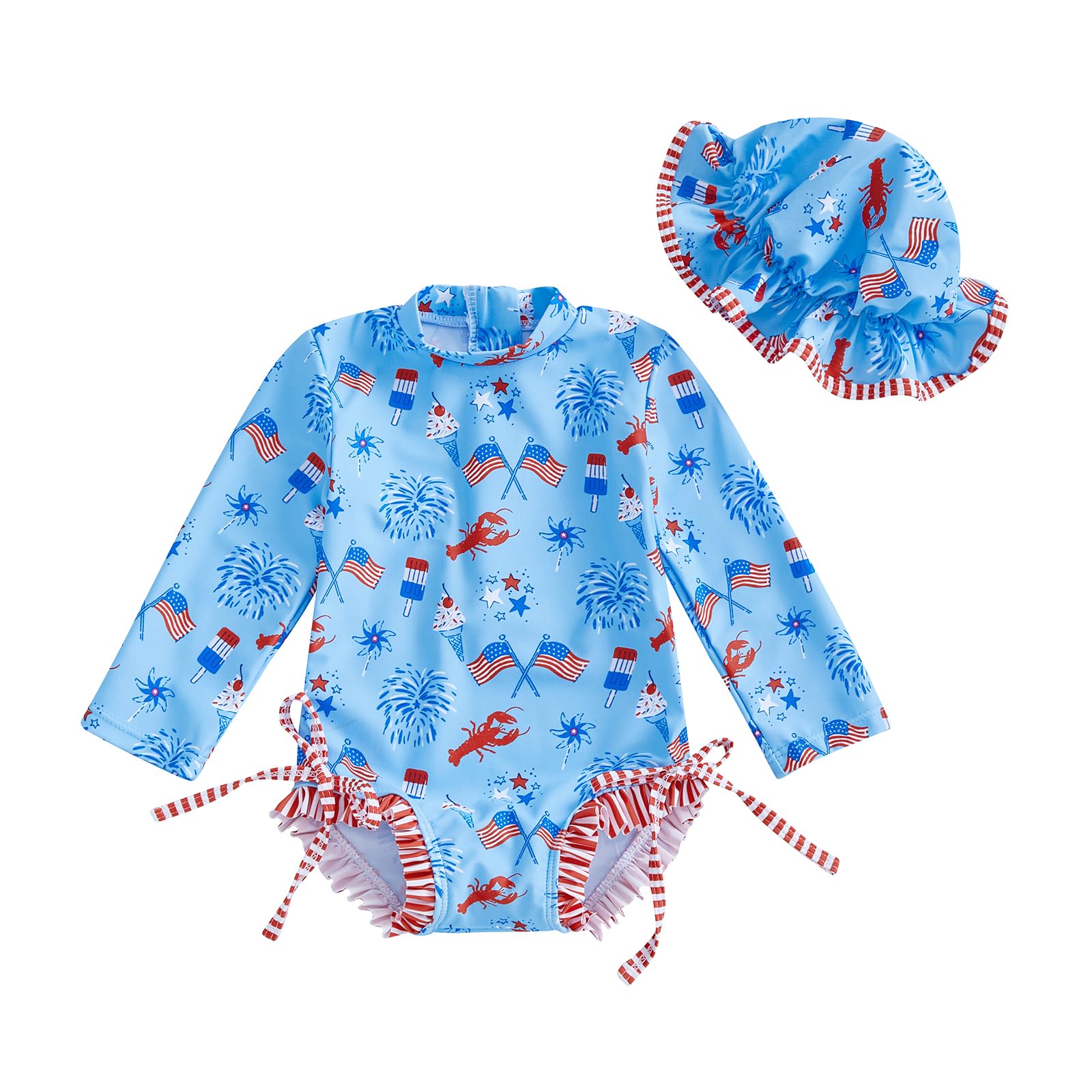 KMBANGI Baby Girls 4th of July Swimsuits Kids Rash Guard Crawfish Flag One Piece Bathing Suit Popsicle Swimwear with Hat (Blue, 6-12 Months)