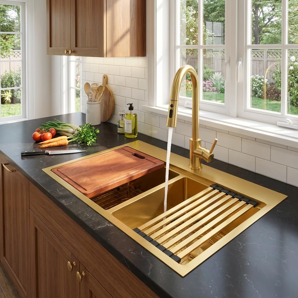 LQS 33x22 Drop In Gold Kitchen Sink