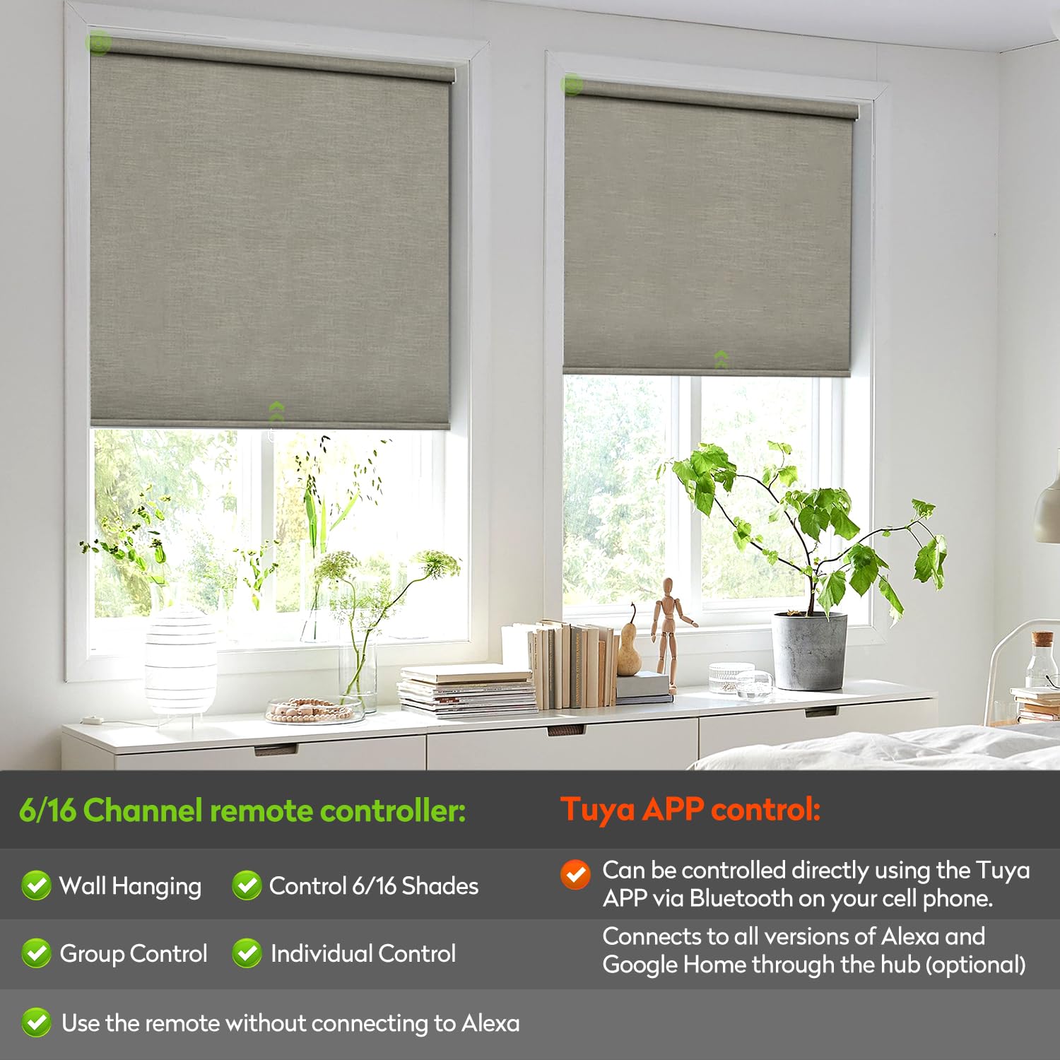 Motorized Blackout Roller Blinds with Remote Control,Rechargeable Smart Window Shades Compatible with Alexa Google via Hub,Fabric Wrapped Valance, Custom Size (Khaki)