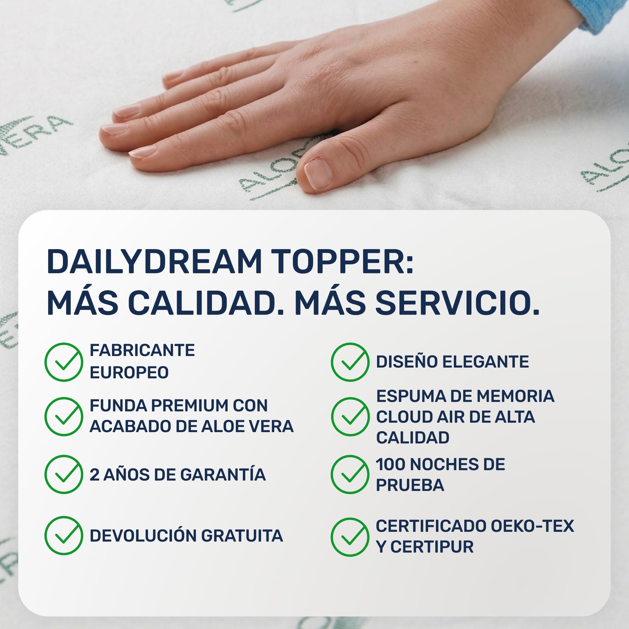 Dailydream Topper Viscoelástico 90x200 cm, Memory Foam, 5 cm de Alto | Edición Aloe Vera, sobrecolchón viscoelástico con funda suave al tacto, base antideslizante y correas elásticas.