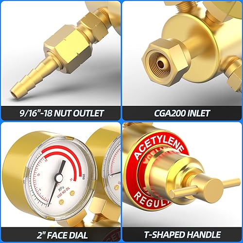 Miniatura 4 de MEANLIN MEASURE Regulador de acetileno, medidores de gas de soldadura CGA 200, regulador de antorcha de corte, salida de 0-200 PSI entrada de 0-400