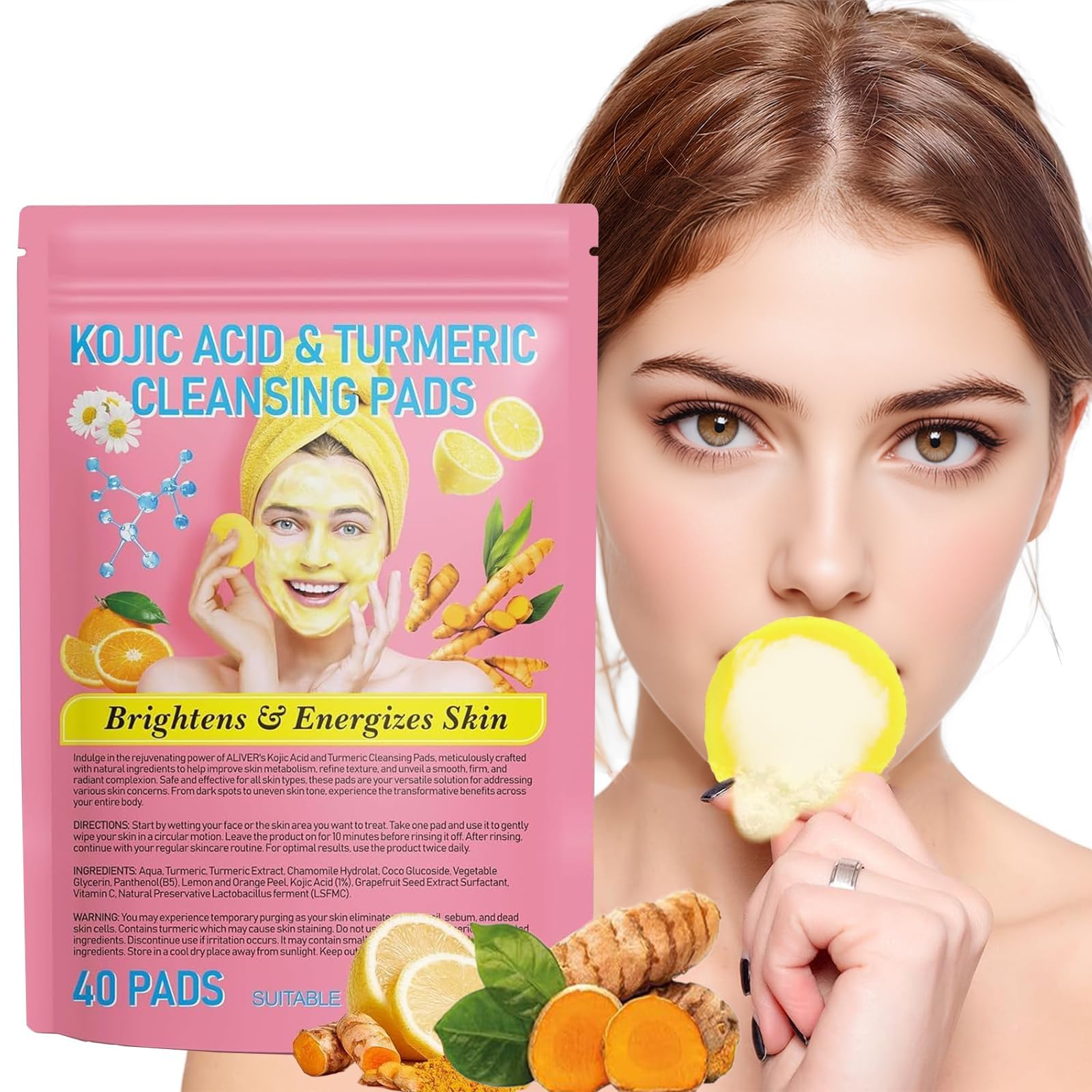 Tampons Nettoyants Exfoliants au Curcuma & Acide Kojique – 40 Pièces Éponge Comprimée Douce – Éclaircissant, Unifiant le Teint, Hydratant – Nettoyage Visage et Corps pour Tous Types de Peau
