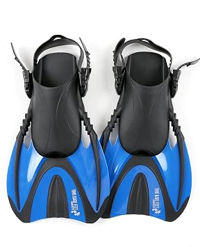 Two Bare Feet Open Heel Swimming & Snorkelling Fins   Adjustable Short Blade Dive Fins for Men, Women & Kids, Lightweight Swim Flippers