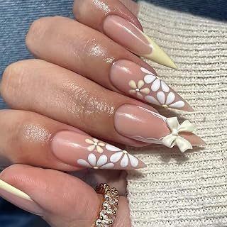 Yellow French Tip Press on Nails Daisy Fake Nails with 3D Bow Flower Designs 24 Pcs Natural Reusable Long Almond Acrylic Nail Full Cover Stick on Nail for Women Summer WYFHDT