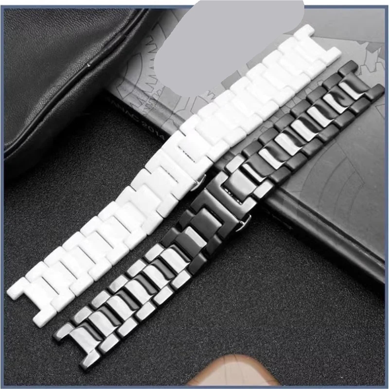 Correa de Reloj de cerámica cóncava de 20 x 11 mm, 18 x 10 mm y 16 x 8 mm para Hombre y Mujer (Negro, 16,9 mm)